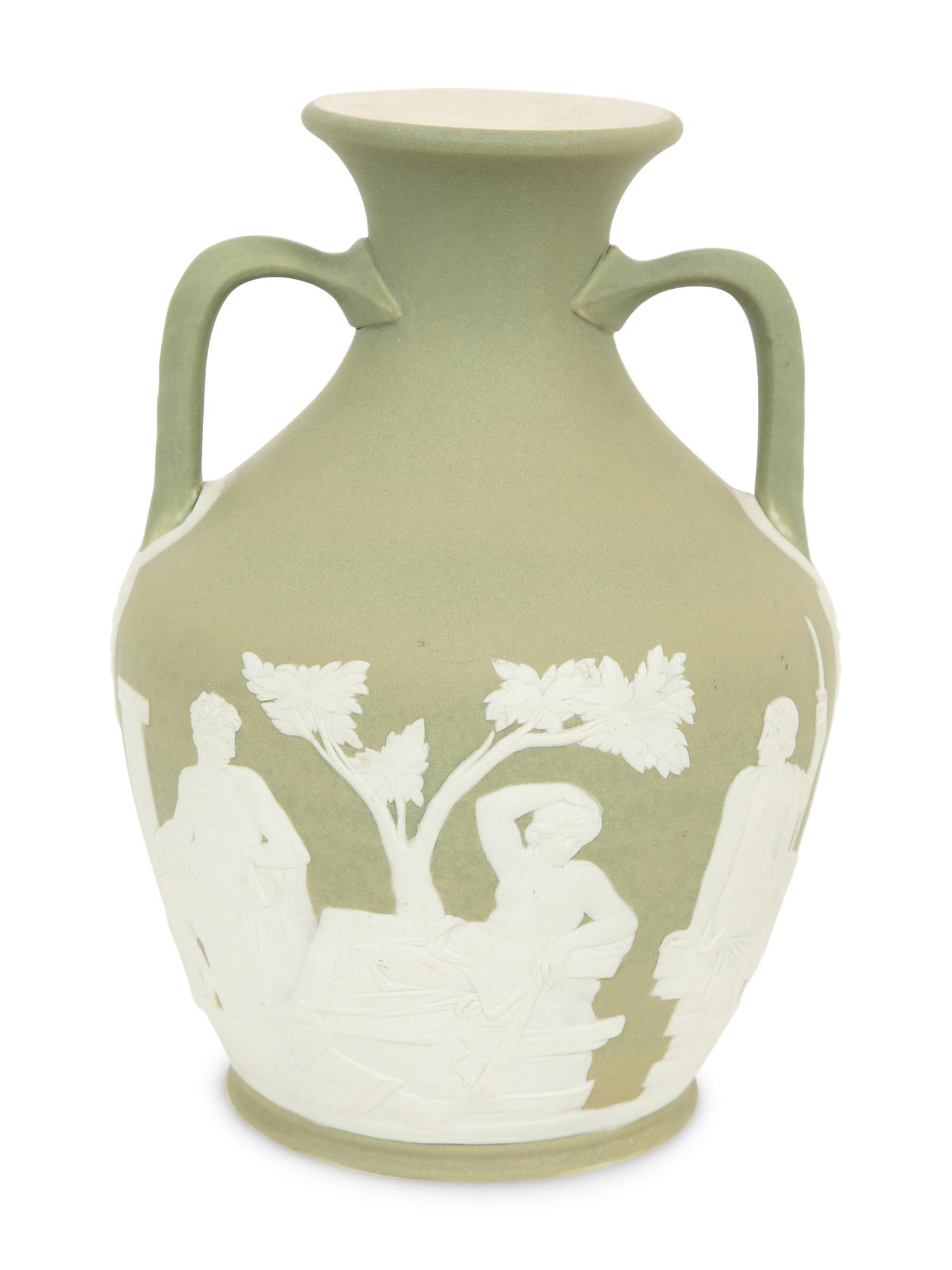 A Green Wedgwood Jasperware Portland Vase and Biscuit Barrell with Silver Plate Handle, Top and Base combined with biscuit barrell 323704/124
