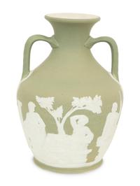 A Green Wedgwood Jasperware Portland Vase and Biscuit Barrell with Silver Plate Handle, Top and Base combined with biscuit barrell 323704/124