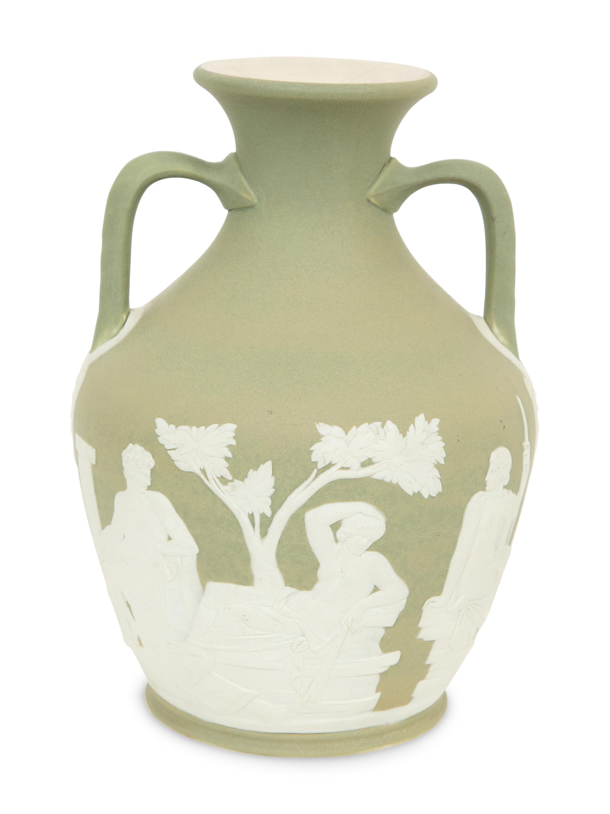 A Green Wedgwood Jasperware Portland Vase and Biscuit Barrell with Silver Plate Handle, Top and Base combined with biscuit barrell 323704/124
