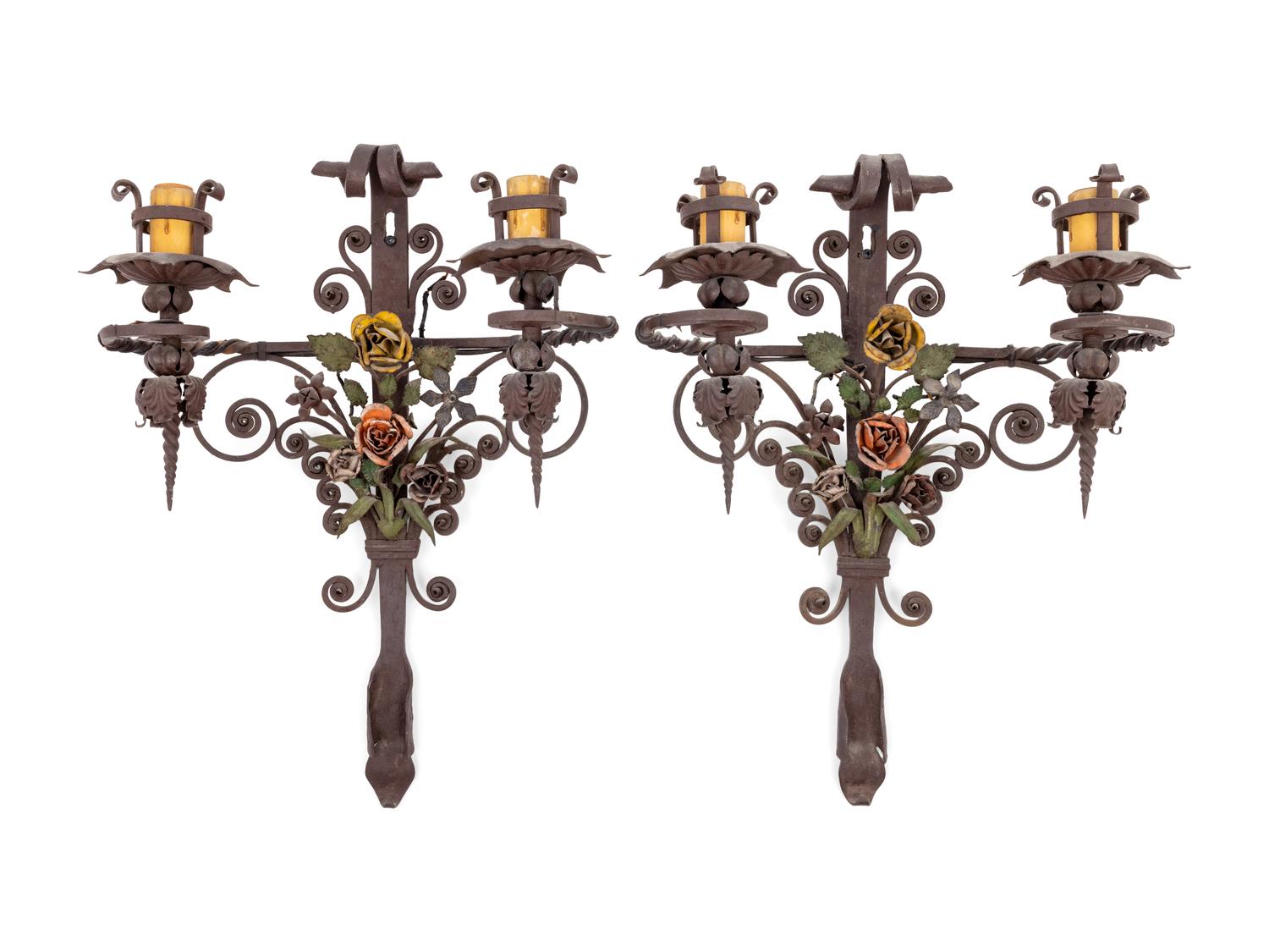 A Pair of Wrought Iron Two-Light Sconces