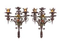 A Pair of Wrought Iron Two-Light Sconces