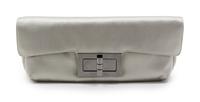 A Chanel Light Grey Satin Clutch, 12 1/2 x 5 x 2 1/2 inches.