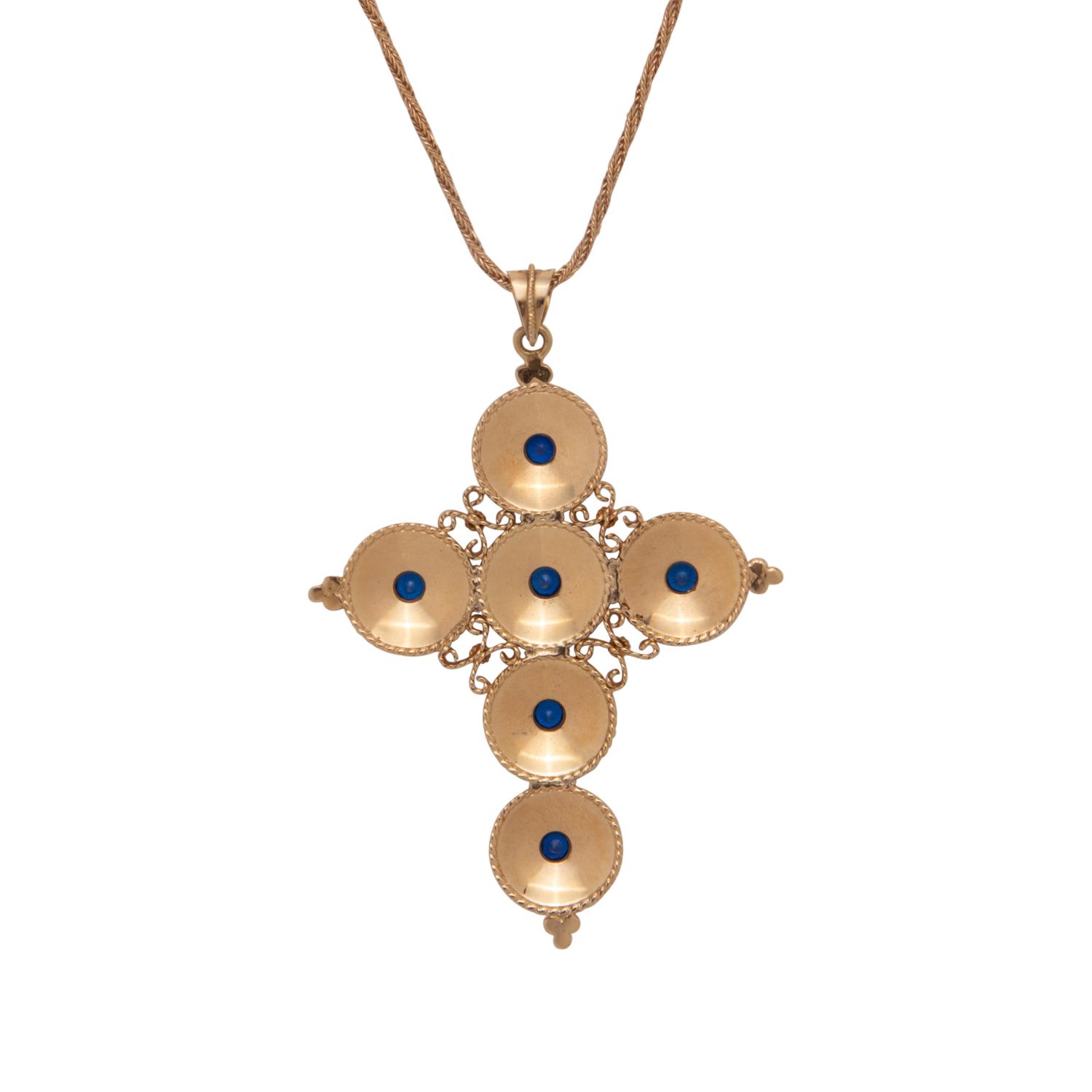 YELLOW GOLD AND SYNTHETIC SPINEL CROSS PENDANT/NECKLACE