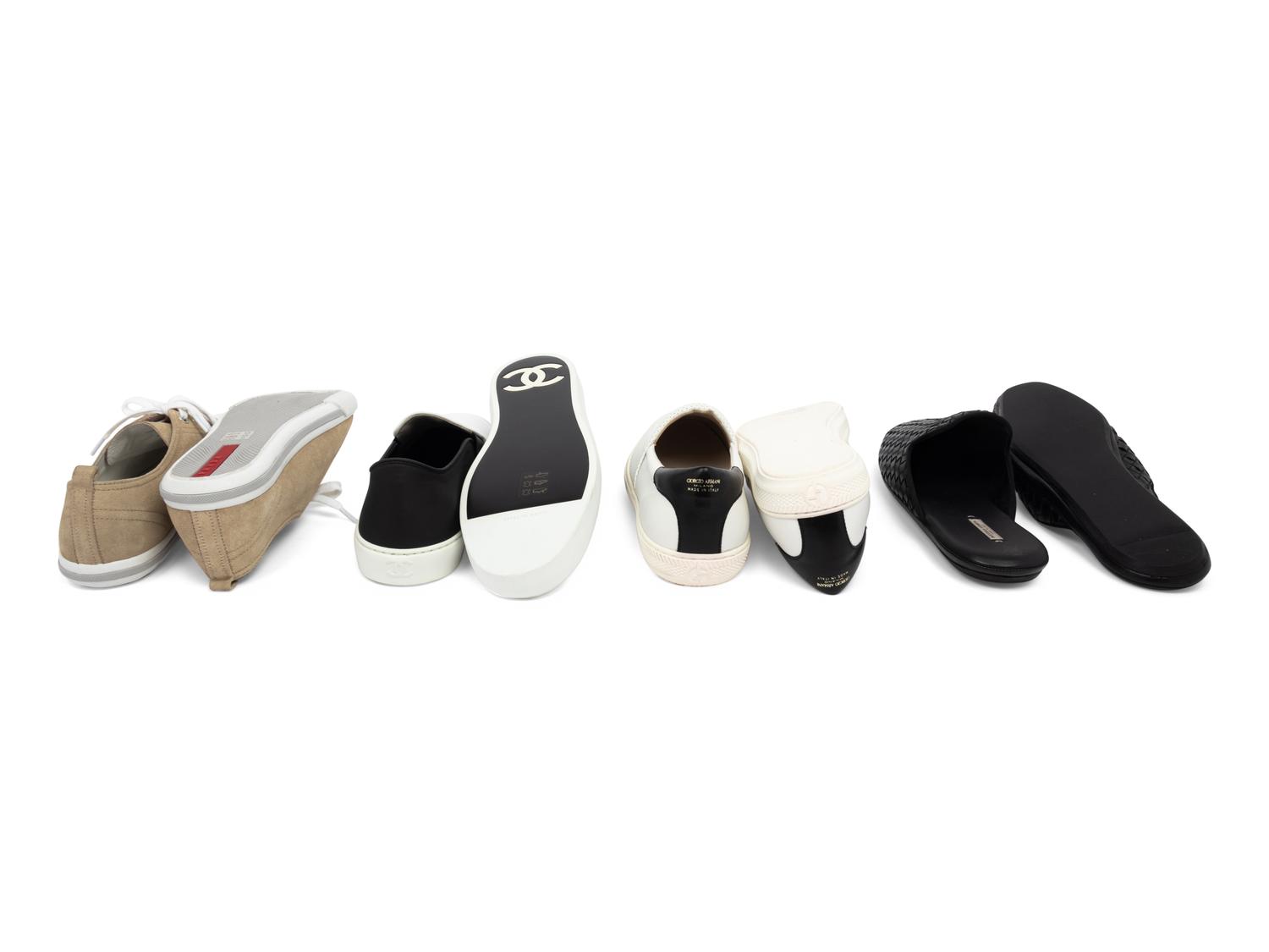 Four Pairs of Unworn Designer Casual Shoes: Chanel, Bottega, Prada and Giorgio Armani