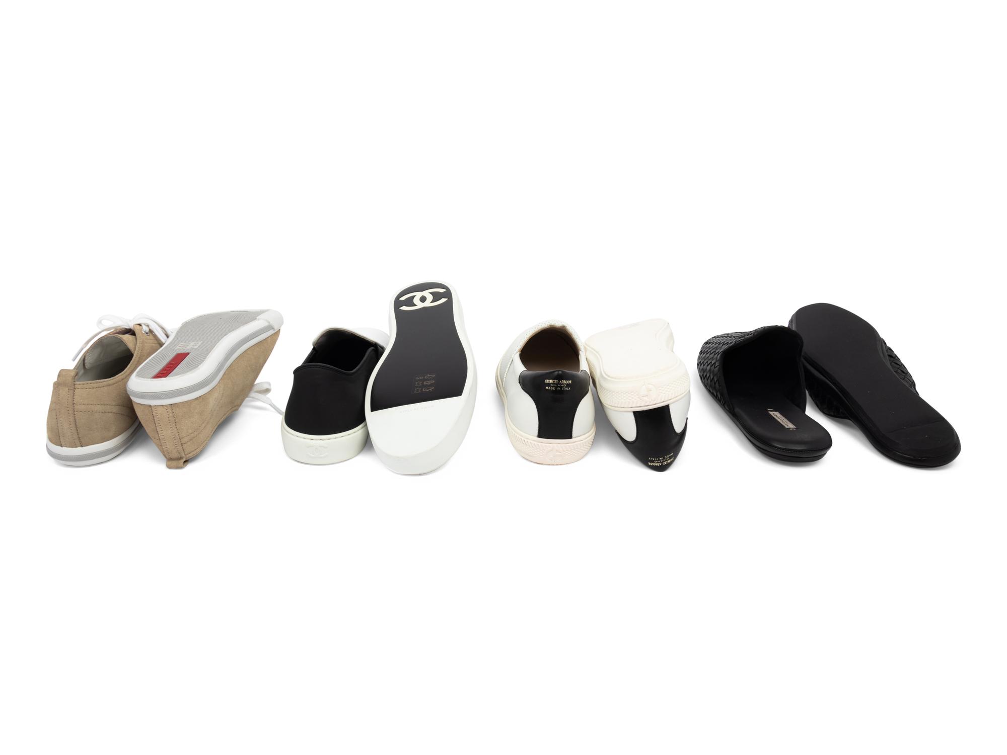 Four Pairs of Unworn Designer Casual Shoes: Chanel, Bottega, Prada and Giorgio Armani