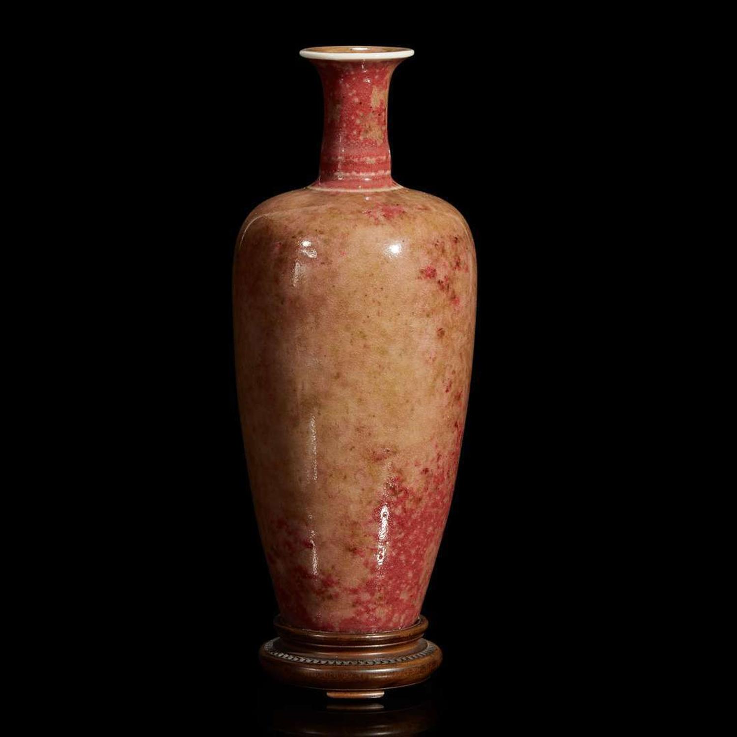A Chinese “peach bloom”-glazed porcelain vase, Laifuzun Kangxi six-character mark possibly 19th century