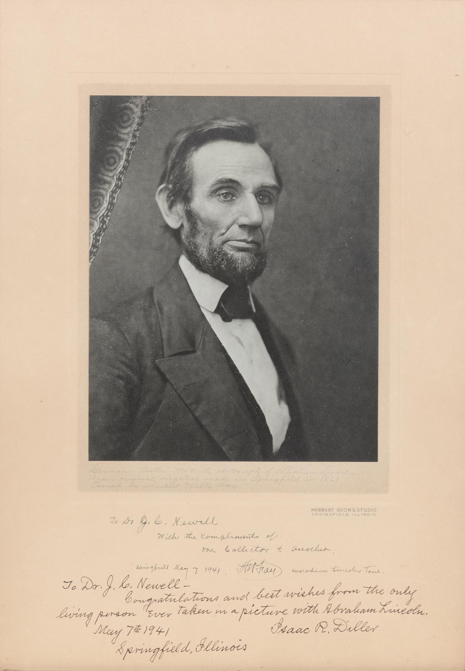 LINCOLN, Abraham (1809-1865). GERMAN, C. S., photographer, after. Photograph portrait, 20th-century reprint from the original 1861 glass negative. Springfield, IL: Herbert Georg Studio, [ca 1941?].