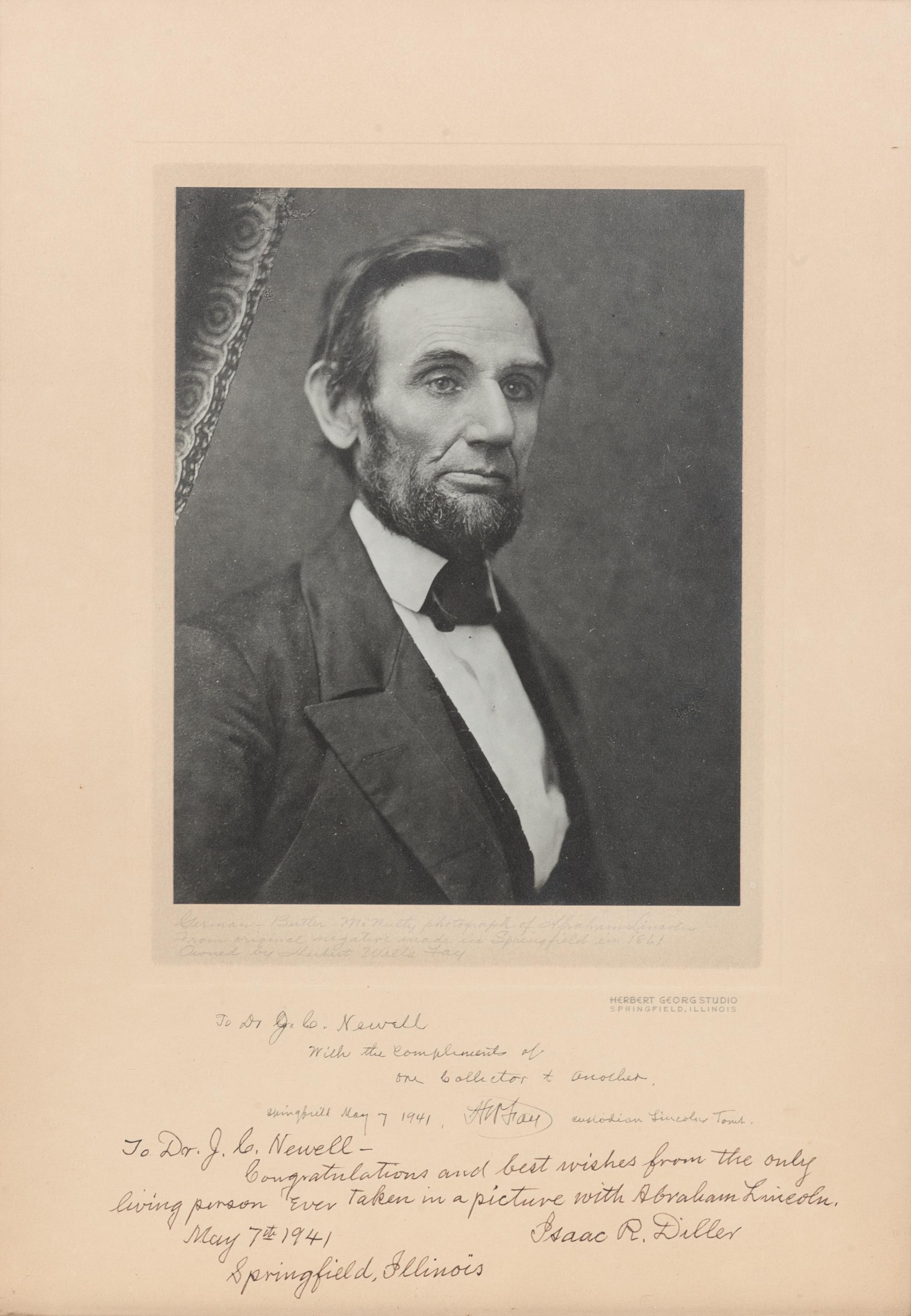 LINCOLN, Abraham (1809-1865). GERMAN, C. S., photographer, after. Photograph portrait, 20th-century reprint from the original 1861 glass negative. Springfield, IL: Herbert Georg Studio, [ca 1941?].