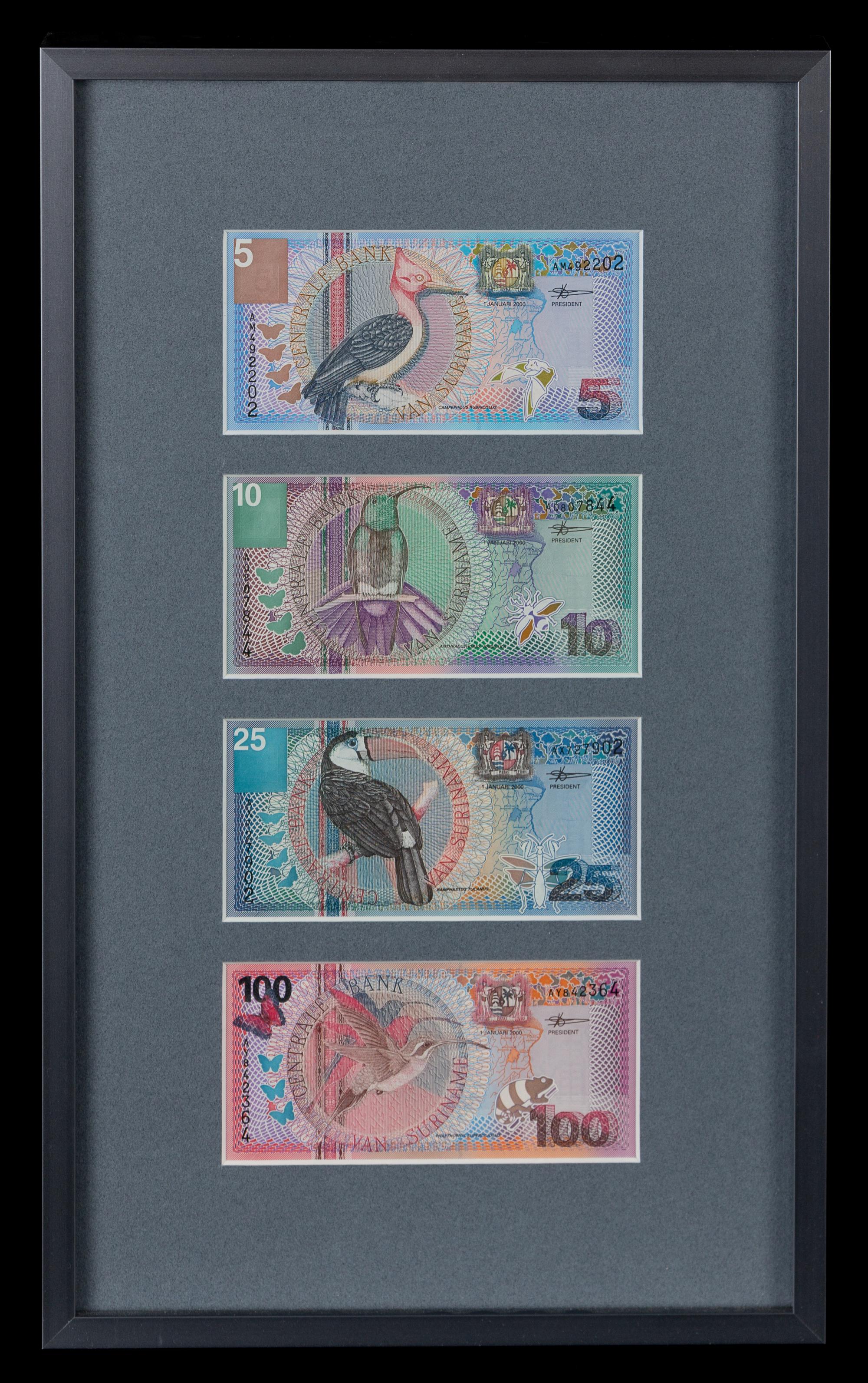 A Framed Group of Four Suriname Series 2000 Bank Notes