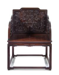 A Chinese Zitan Throne Chair, Baozuo Height 41 1/2 x width 30 1/4 x depth 25 1/2 inches. — QING DYNASTY (1644-1911)