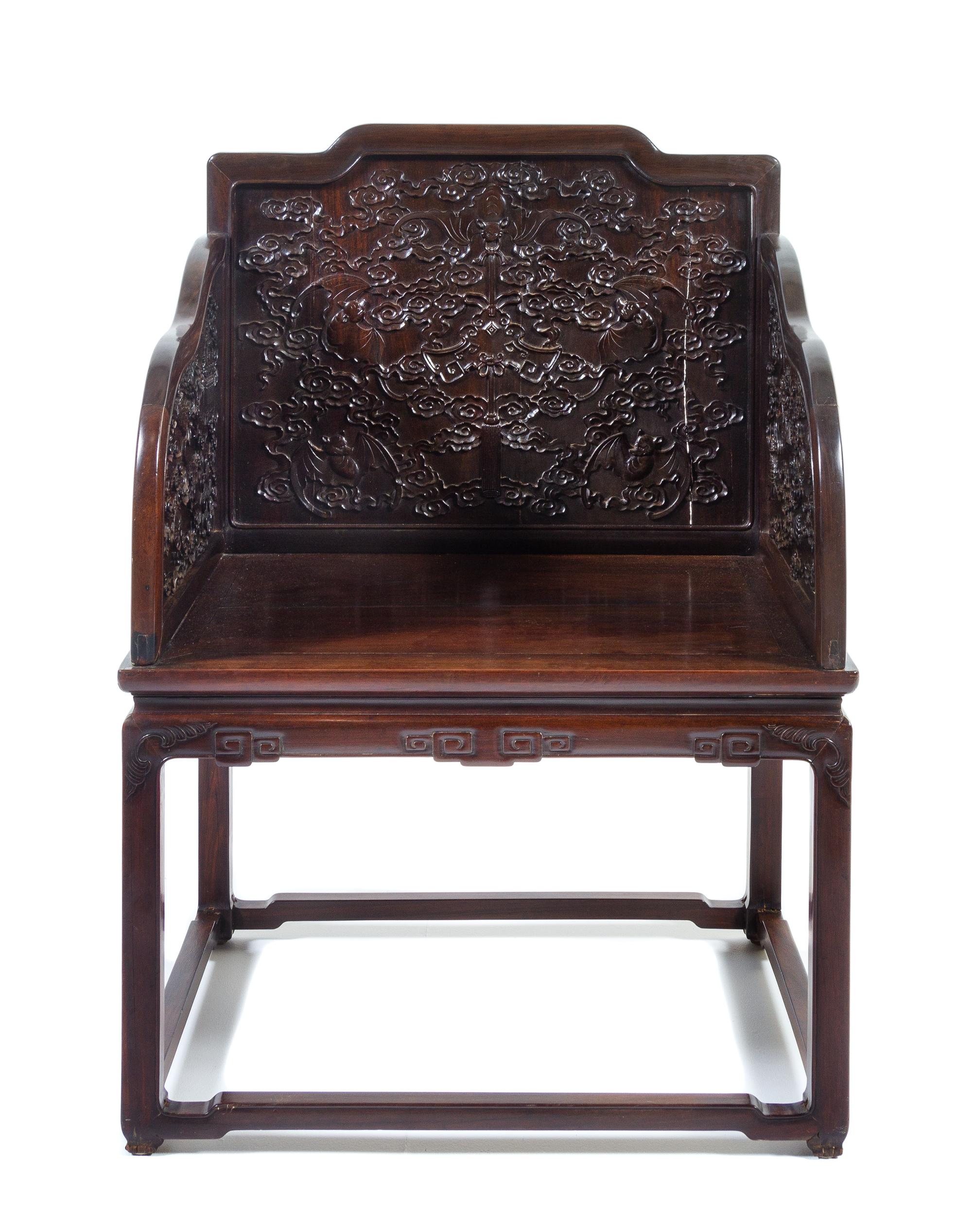 A Chinese Zitan Throne Chair, Baozuo Height 41 1/2 x width 30 1/4 x depth 25 1/2 inches. — QING DYNASTY (1644-1911)