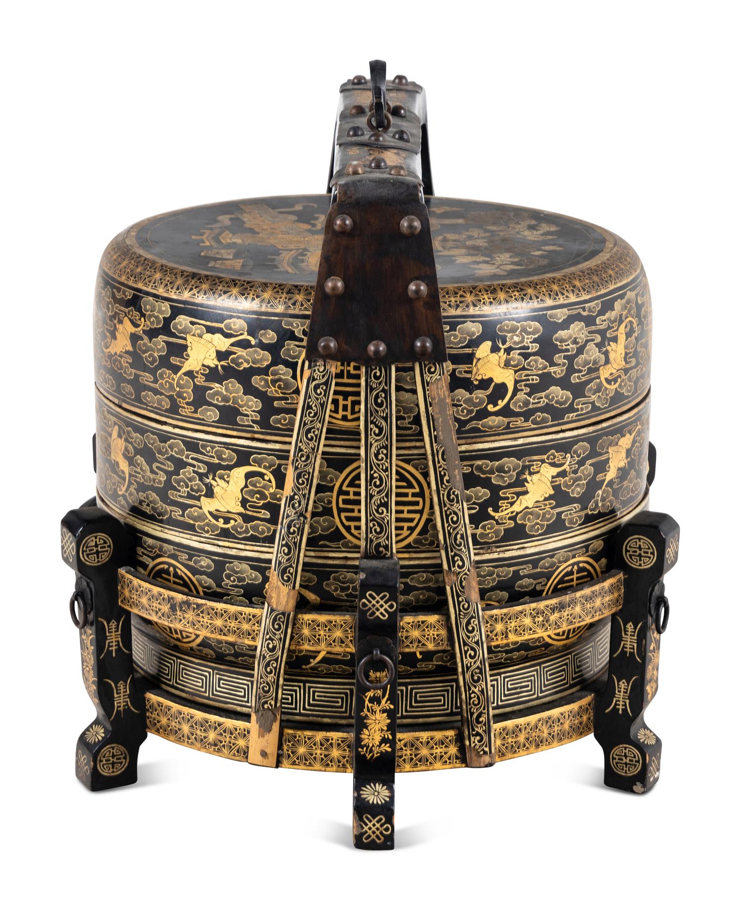 A Chinese Gilt Decorated Black Lacquered Tiered Basket