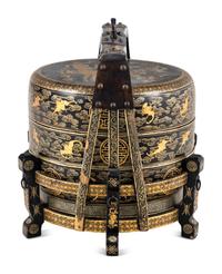 A Chinese Gilt Decorated Black Lacquered Tiered Basket