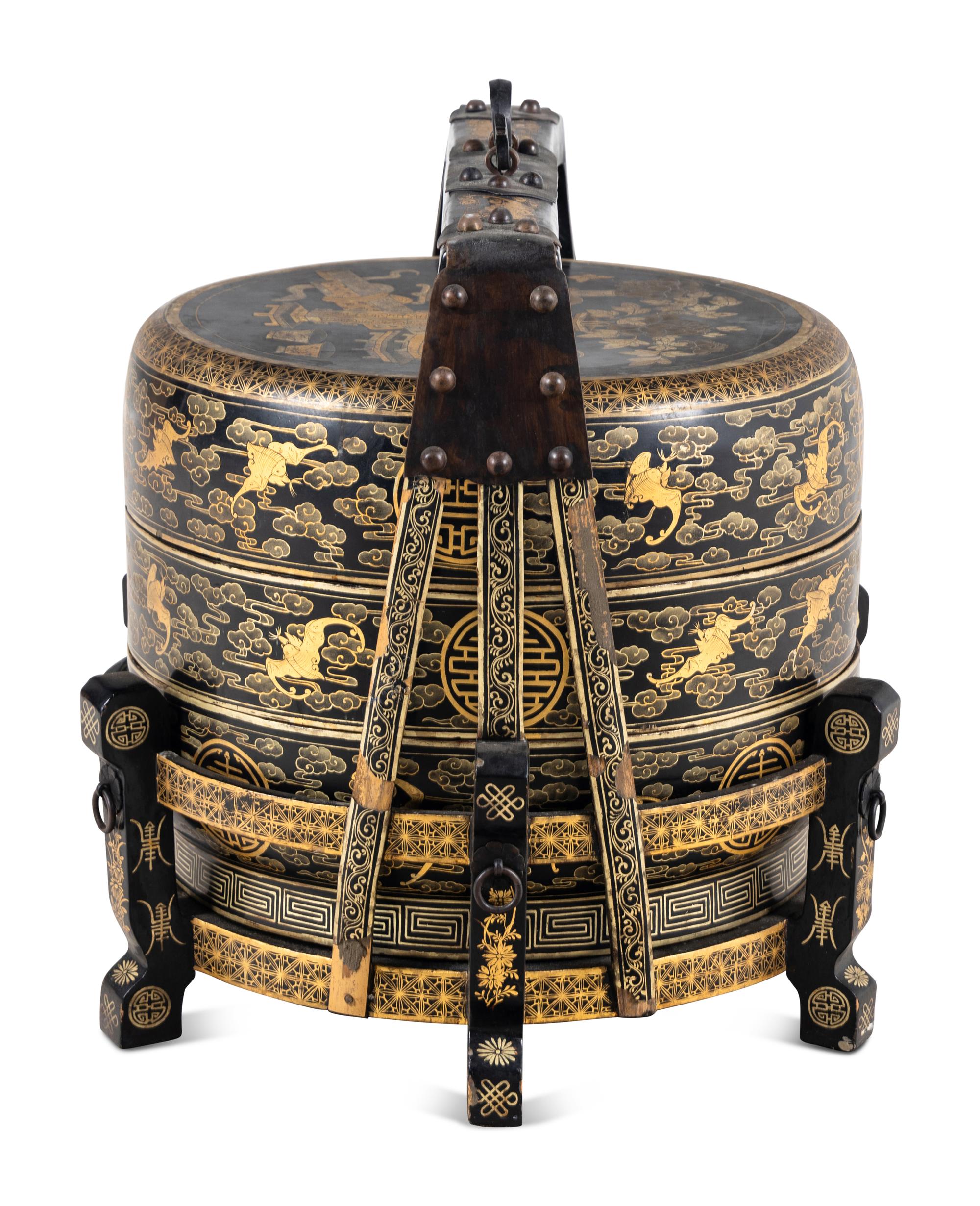 A Chinese Gilt Decorated Black Lacquered Tiered Basket