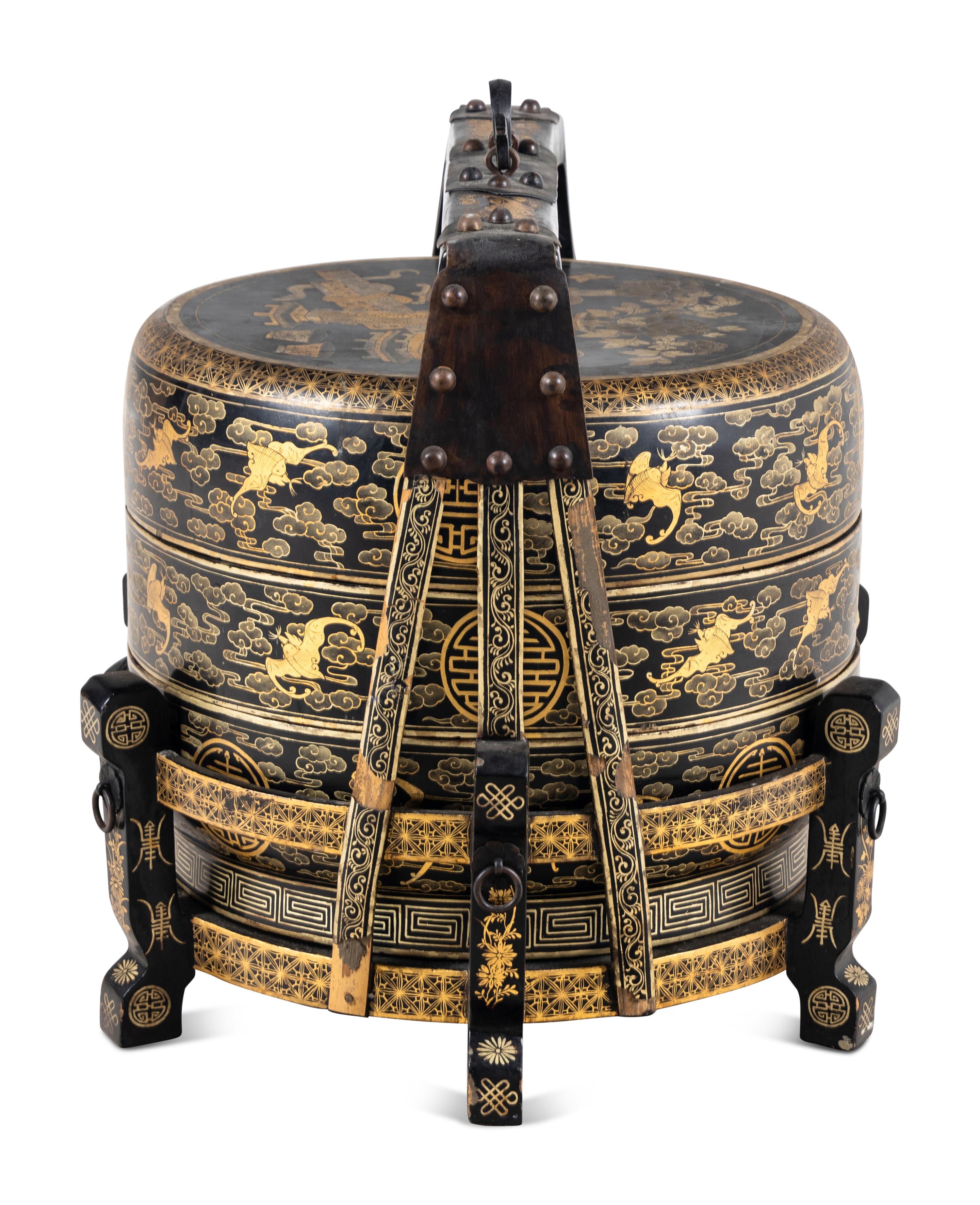 A Chinese Gilt Decorated Black Lacquered Tiered Basket