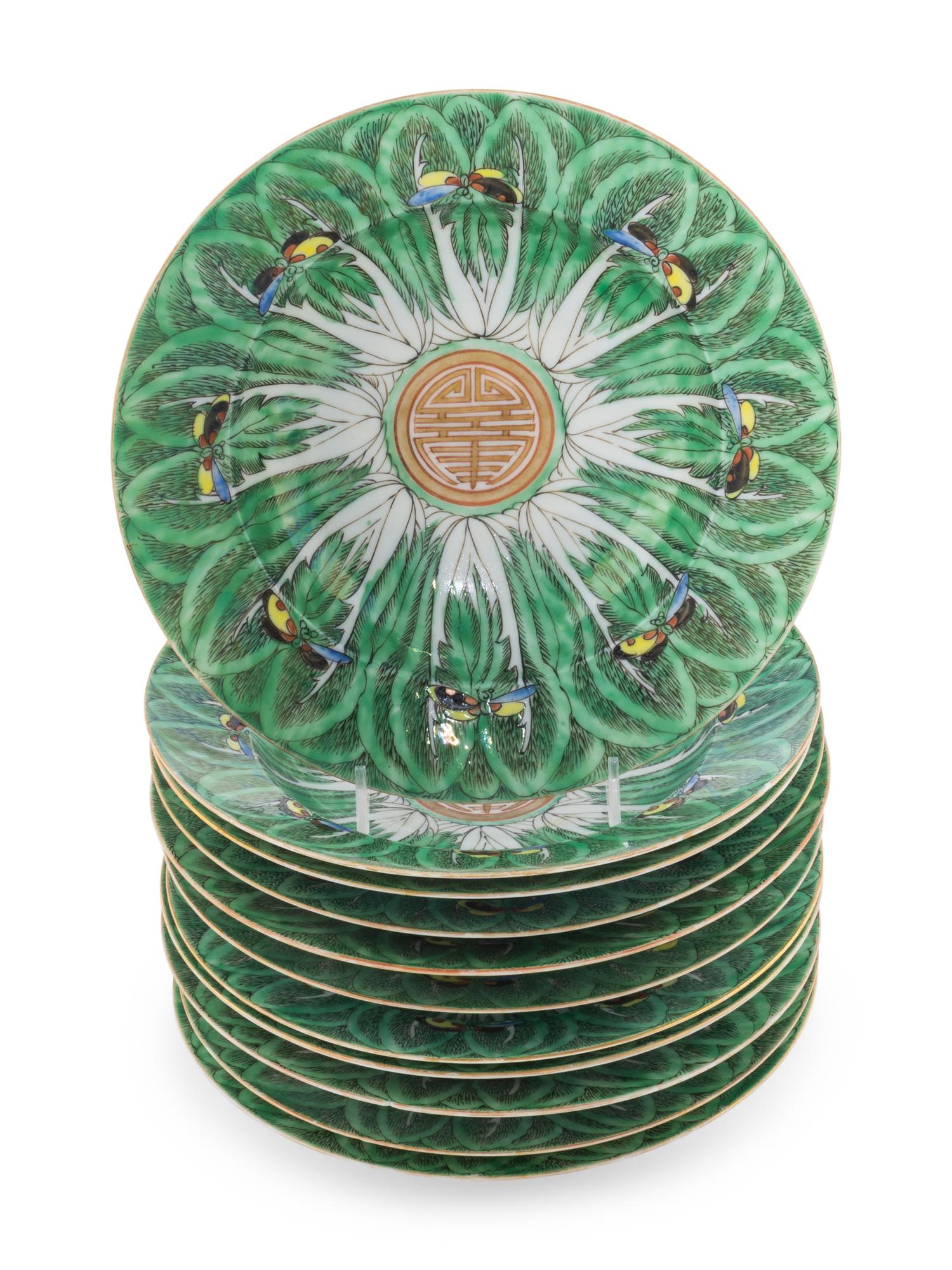 A Group of Eleven Chinese Export Porcelain Cabbage Leaf Plates