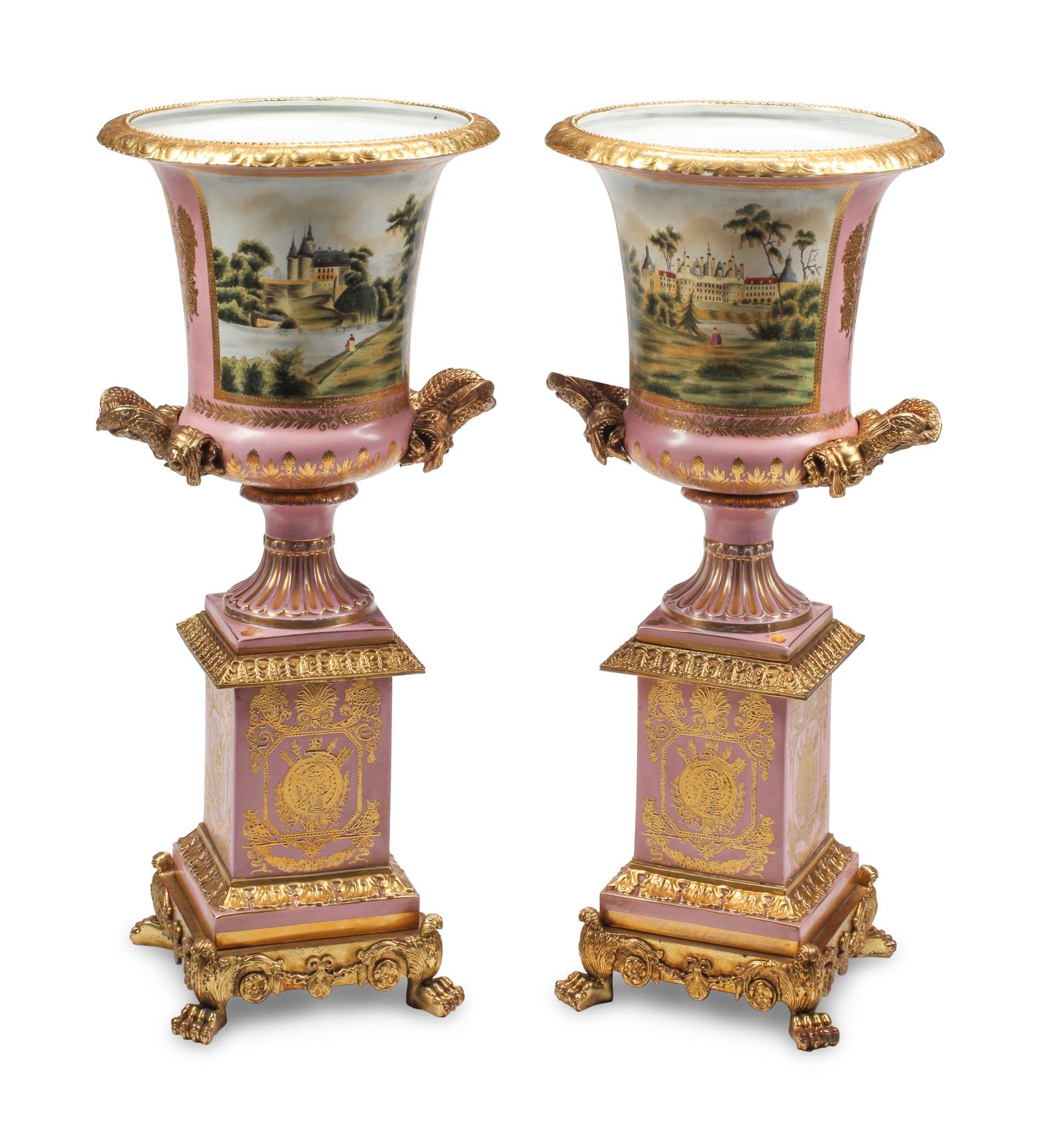 A Pair of Large Sèvres Style Porcelain and Gilt Bronze Mounted Urns