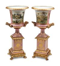 A Pair of Large Sèvres Style Porcelain and Gilt Bronze Mounted Urns