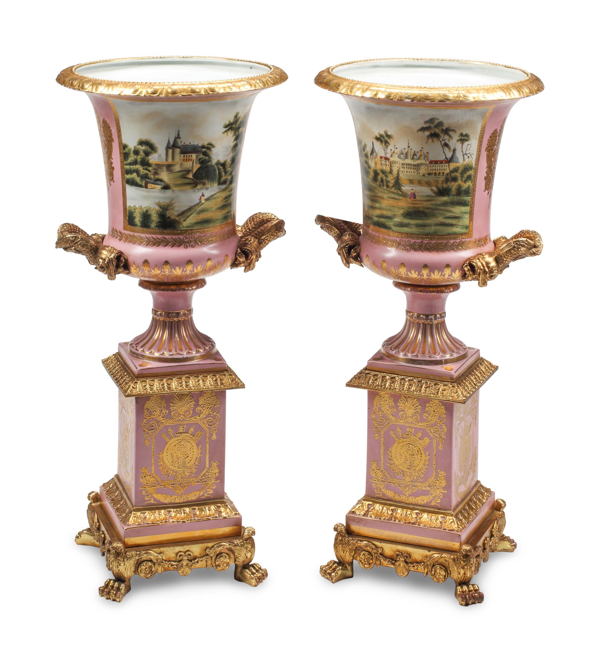A Pair of Large Sèvres Style Porcelain and Gilt Bronze Mounted Urns