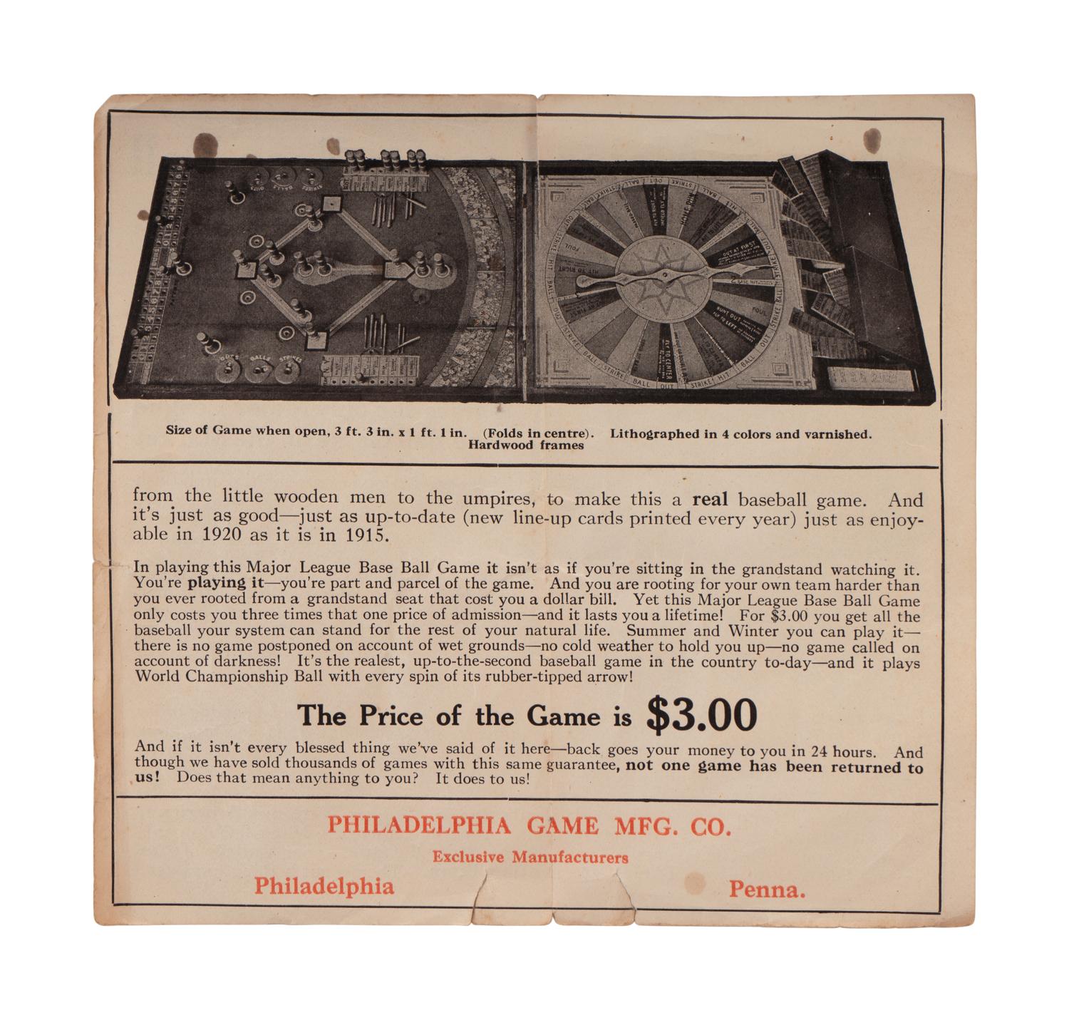 A 1917 Major League Baseball Game Philadelphia Game Mfg. Co (Babe Ruth P Red Sox, Cobb, Joe Jackson, Hornsby, Walter Johnson),