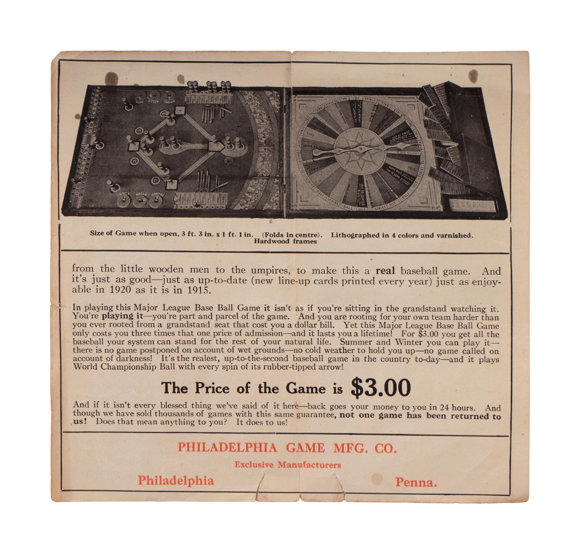 A 1917 Major League Baseball Game Philadelphia Game Mfg. Co (Babe Ruth P Red Sox, Cobb, Joe Jackson, Hornsby, Walter Johnson),