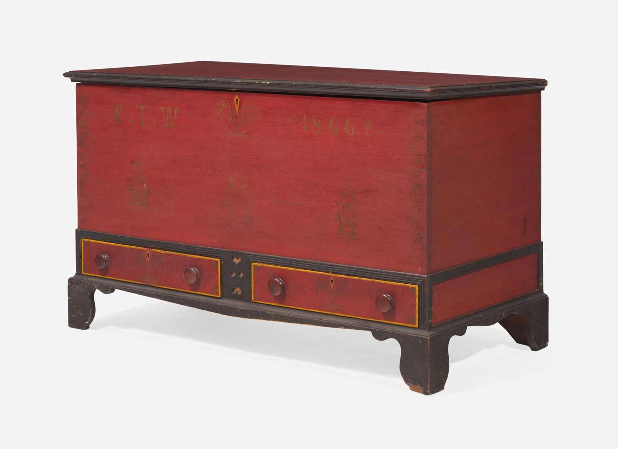 A Soap Hollow painted and stencil-decorated pine blanket chest with drawers, Somerset County, PA, dated "1866"