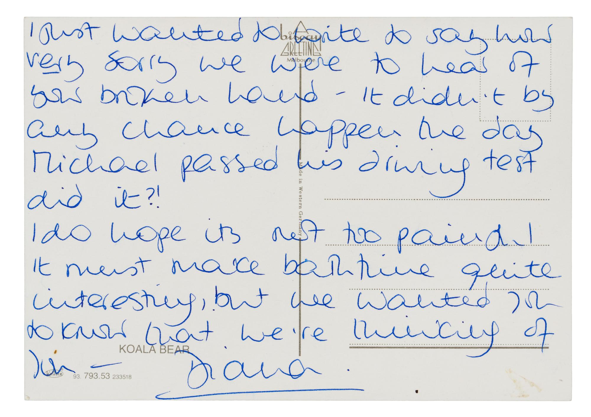DIANA, Princess of Wales (1961-1997). Autograph letter signed ("Diana"), to an unnamed recipient. N.p., n.d.
