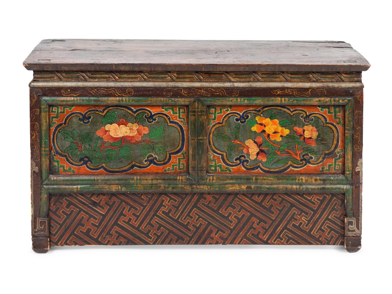 A Tibetan Painted Wood Bench/Storage Cabinet — 19TH CENTURY