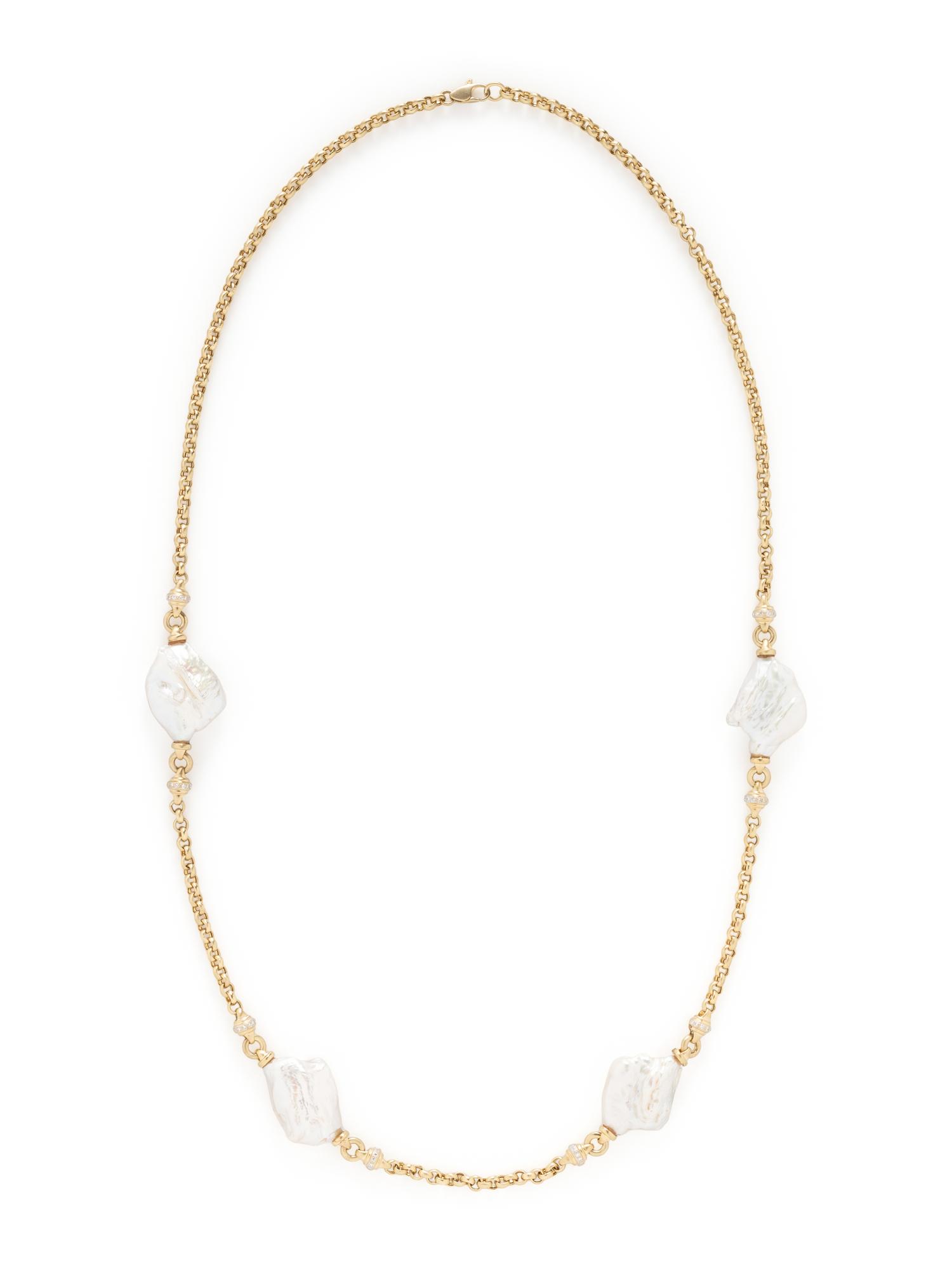 YELLOW GOLD, BAROQUE CULTURED PEARL, AND DIAMOND NECKLACE
