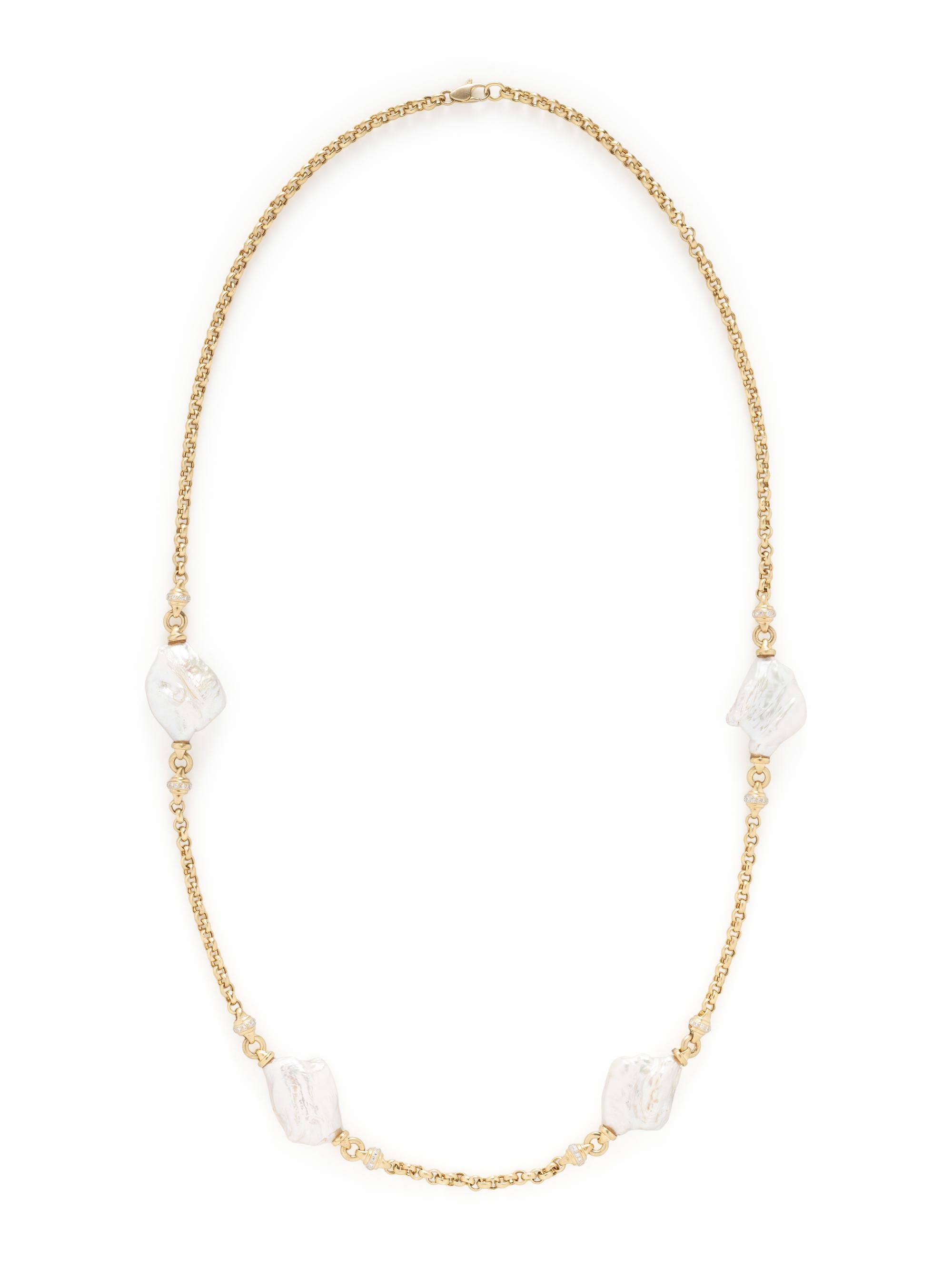 YELLOW GOLD, BAROQUE CULTURED PEARL, AND DIAMOND NECKLACE