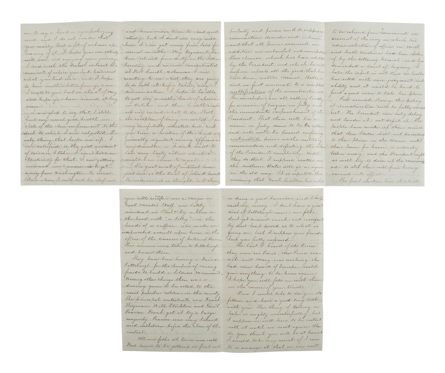 [RECONSTRUCTION -- AFRICAN AMERICAN SUFFRAGE]. Detailed letter regarding the John Surratt trial, Reconstruction politics, and the African American vote in action. Washington, 19 June 1867.