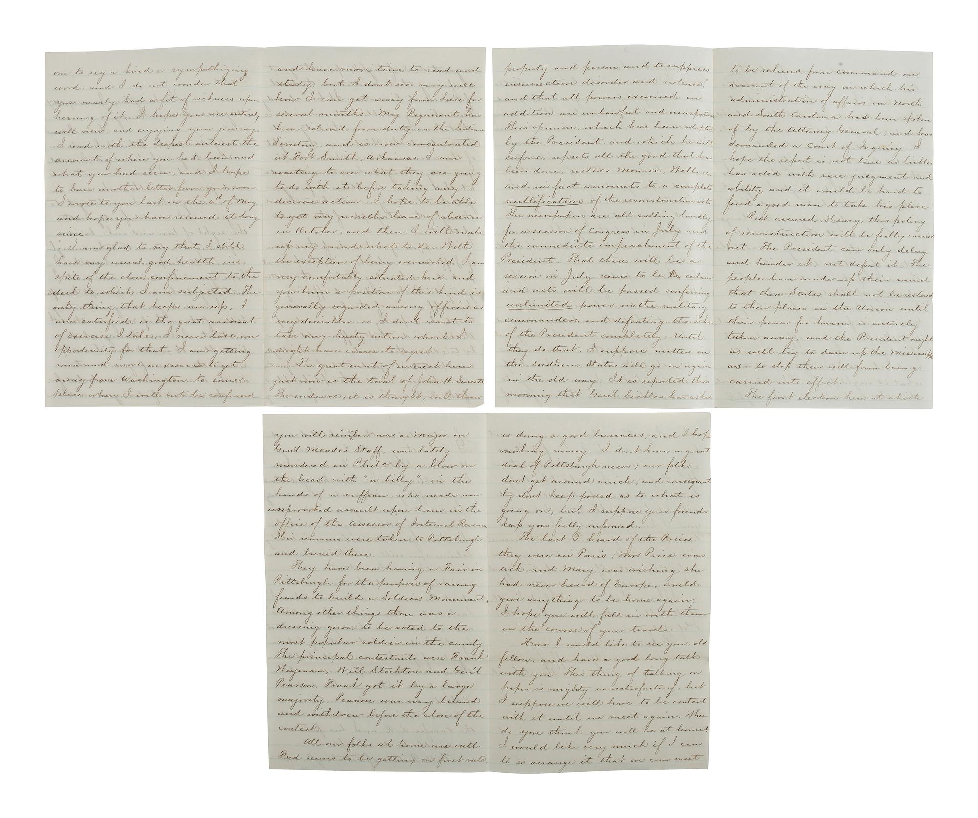 [RECONSTRUCTION -- AFRICAN AMERICAN SUFFRAGE]. Detailed letter regarding the John Surratt trial, Reconstruction politics, and the African American vote in action. Washington, 19 June 1867.