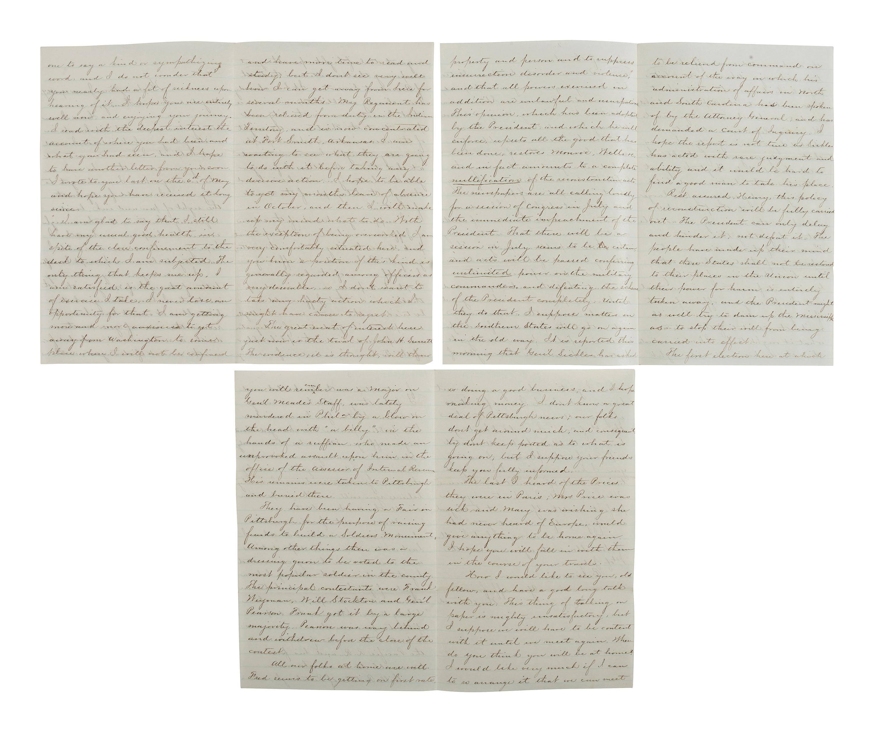 [RECONSTRUCTION -- AFRICAN AMERICAN SUFFRAGE]. Detailed letter regarding the John Surratt trial, Reconstruction politics, and the African American vote in action. Washington, 19 June 1867.