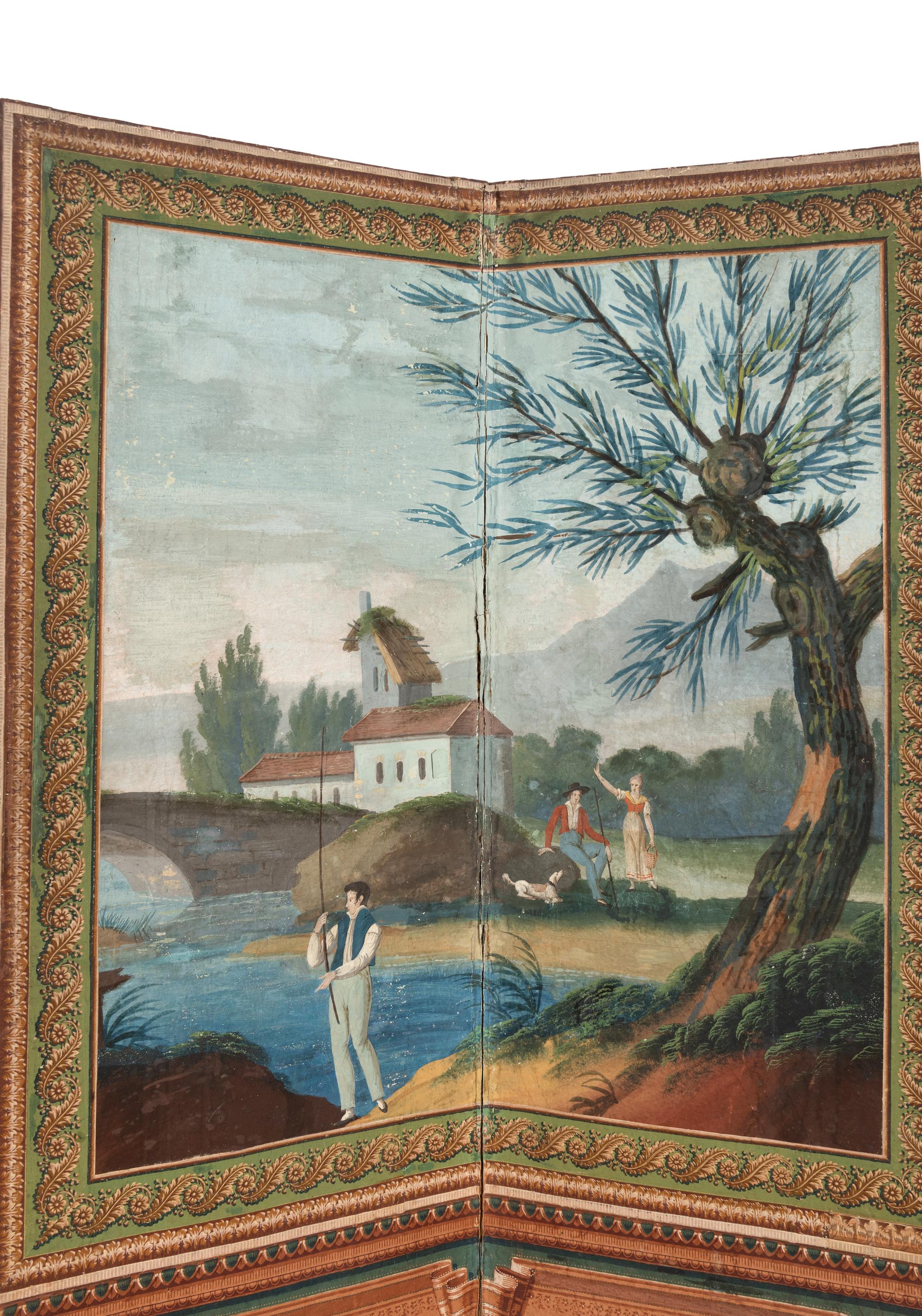 A Directoire Painted Wallpaper Folding Six-Panel Screen