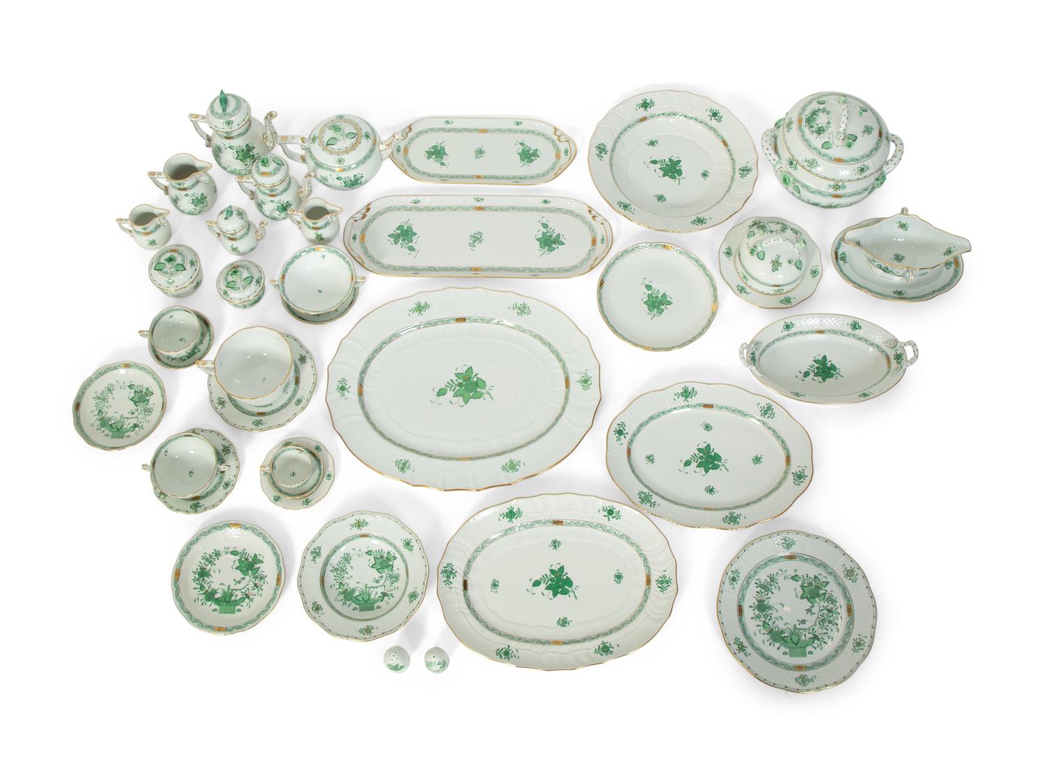 A Partial Herend Chinese Green Bouquet Porcelain Dinner Service and Serving Pieces — 20TH CENTURY