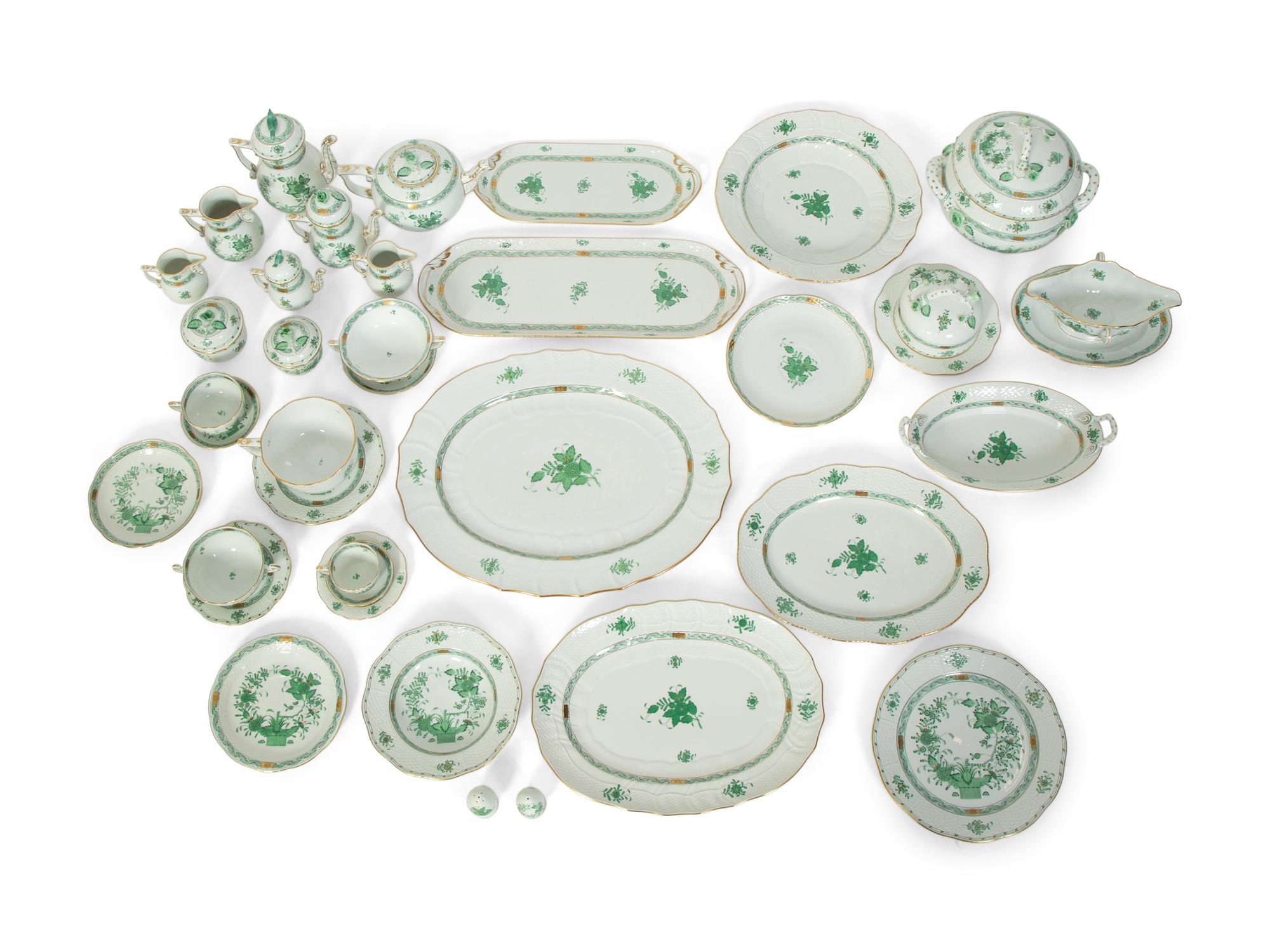 A Partial Herend Chinese Green Bouquet Porcelain Dinner Service and Serving Pieces — 20TH CENTURY