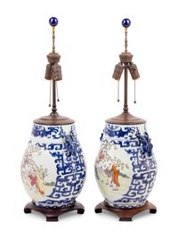 A Pair of Chinese Famille Rose and Underglaze Blue Hu-Form Vases Mounted as Lamps