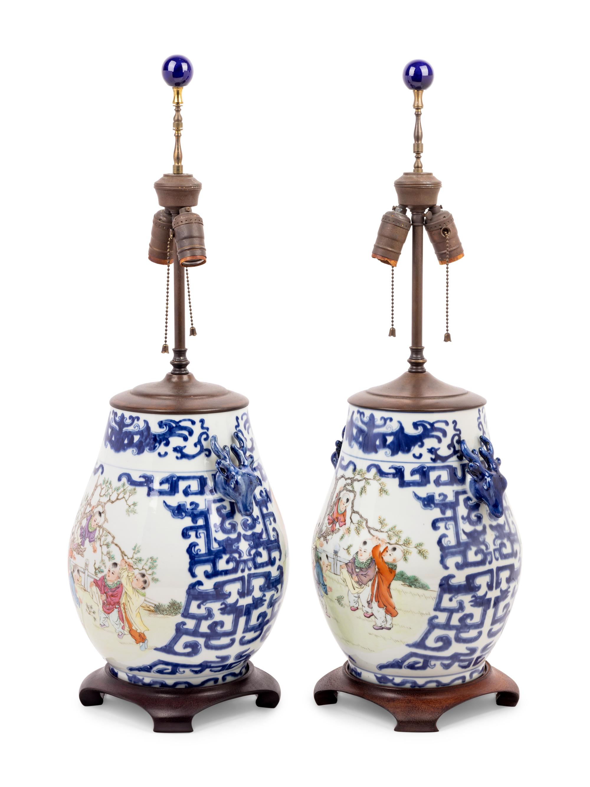 A Pair of Chinese Famille Rose and Underglaze Blue Hu-Form Vases Mounted as Lamps