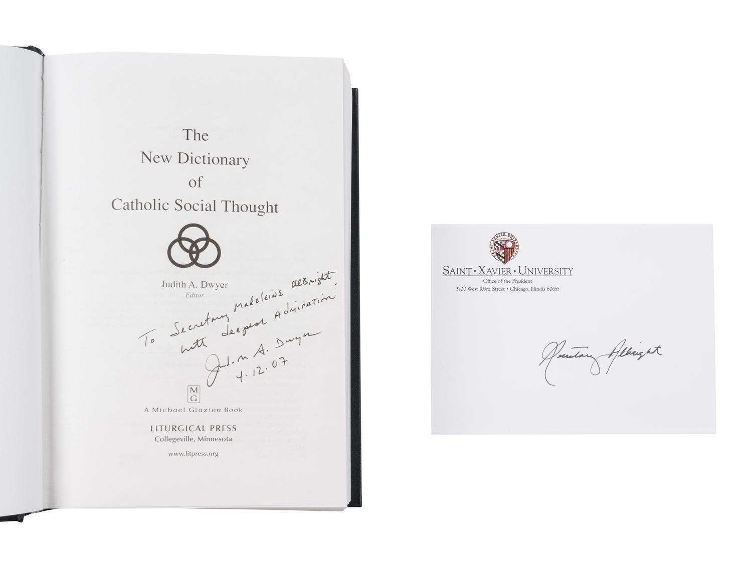 LANGUAGE DWYER, Judith A., editor. The New Dictionary of Catholic Social Thought . [1994]. INSCRIBED BY DWYER TO SECRETARY ALBRIGHT.