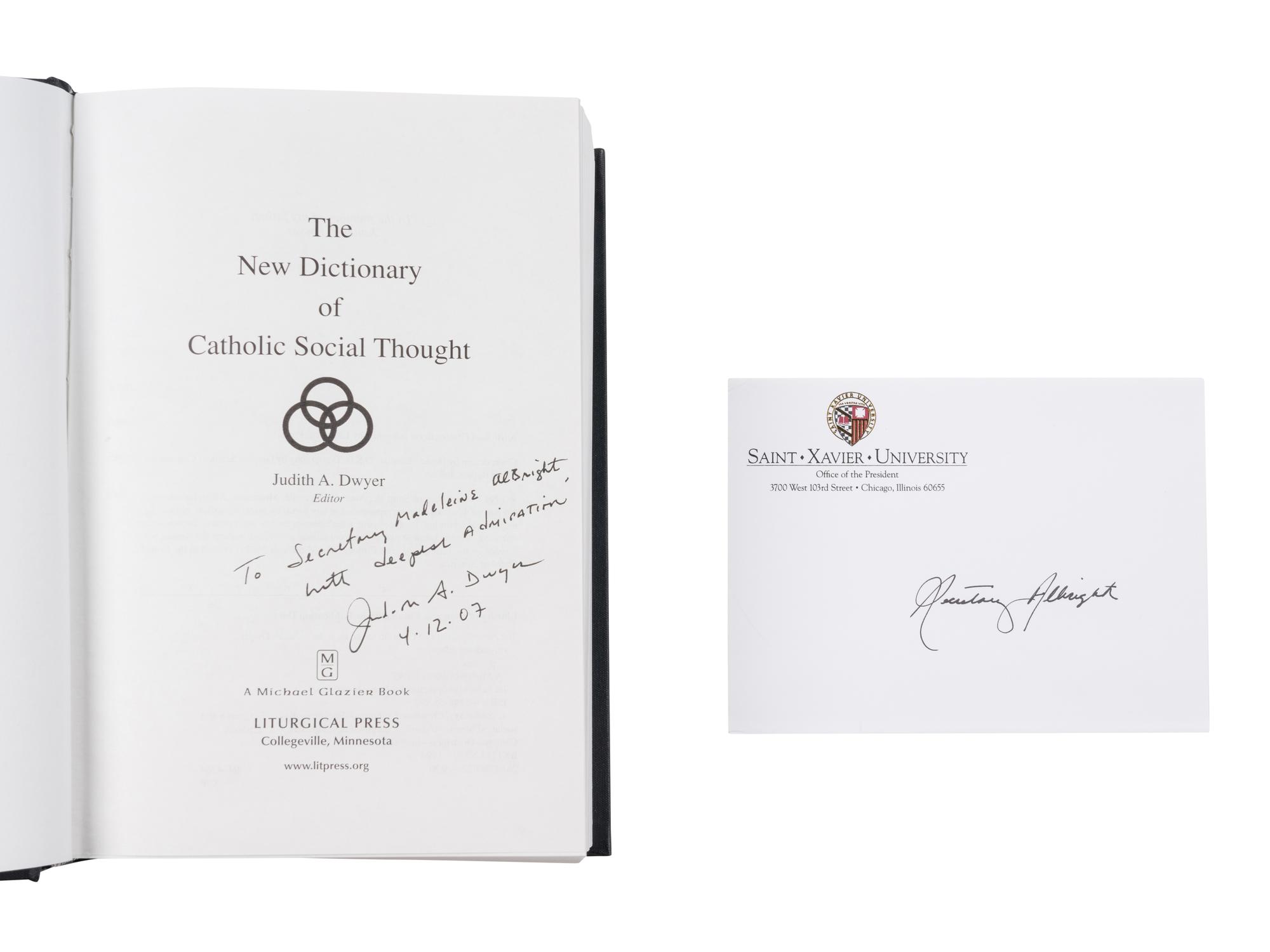 LANGUAGE DWYER, Judith A., editor. The New Dictionary of Catholic Social Thought . [1994]. INSCRIBED BY DWYER TO SECRETARY ALBRIGHT.