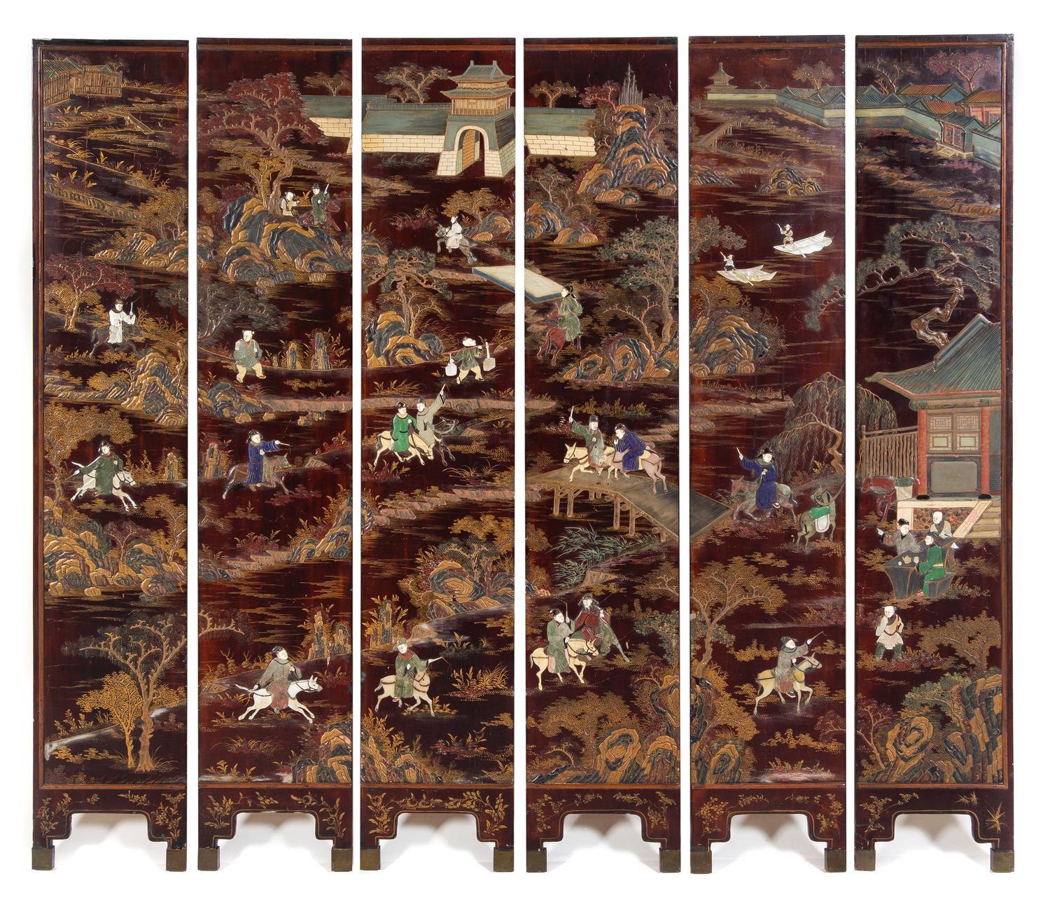 A Hardstone Inset Brown Lacquered Six-Fold Floor Screen Height 55 1/2 x 61 1/2 inches. — 20TH CENTURY