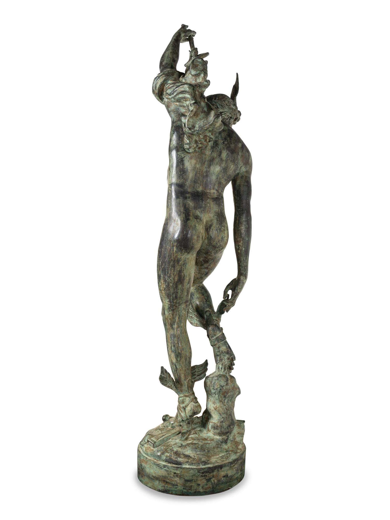 A Monumental Patinated Cast Metal Figure of Mercury