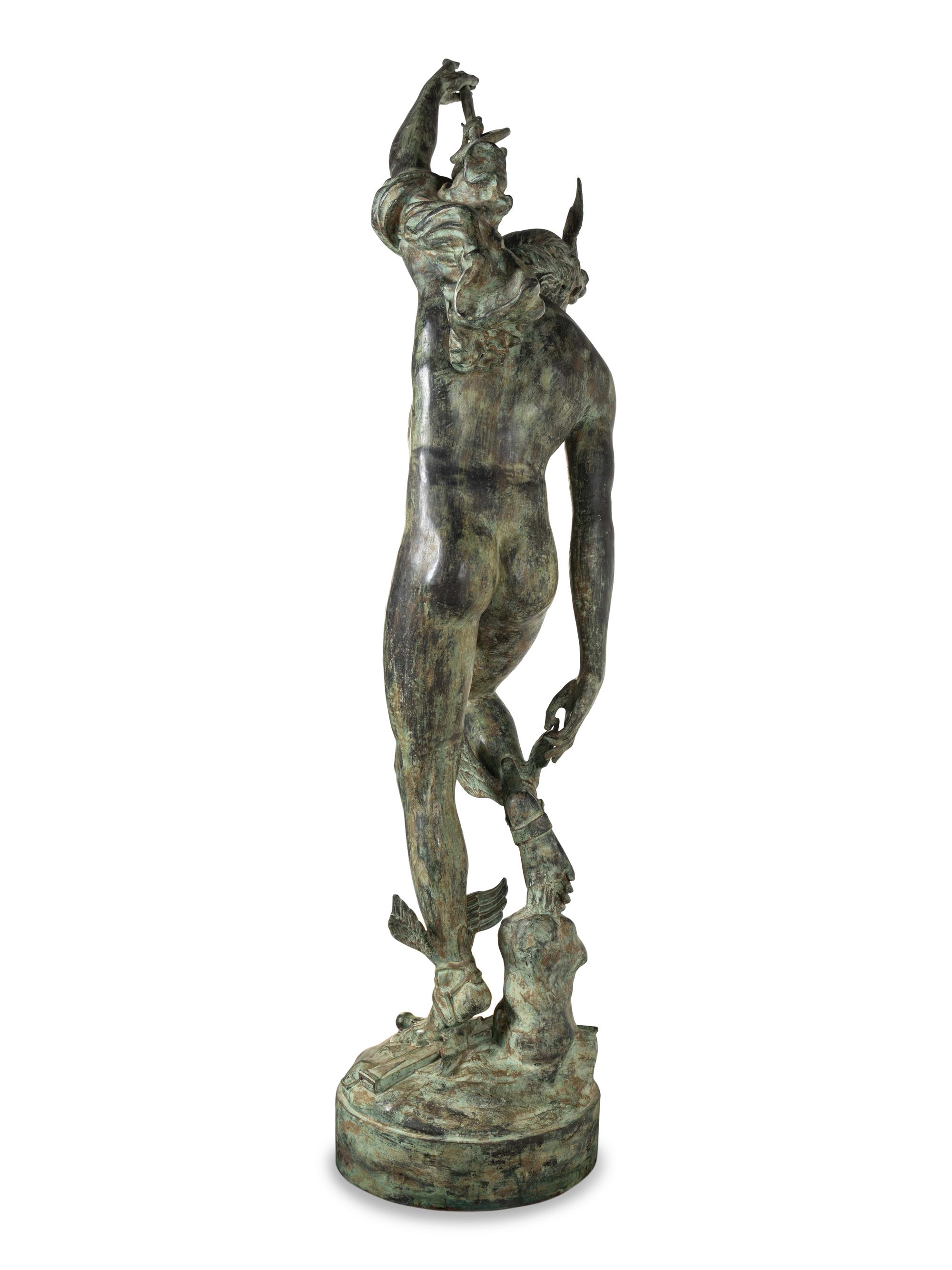A Monumental Patinated Cast Metal Figure of Mercury