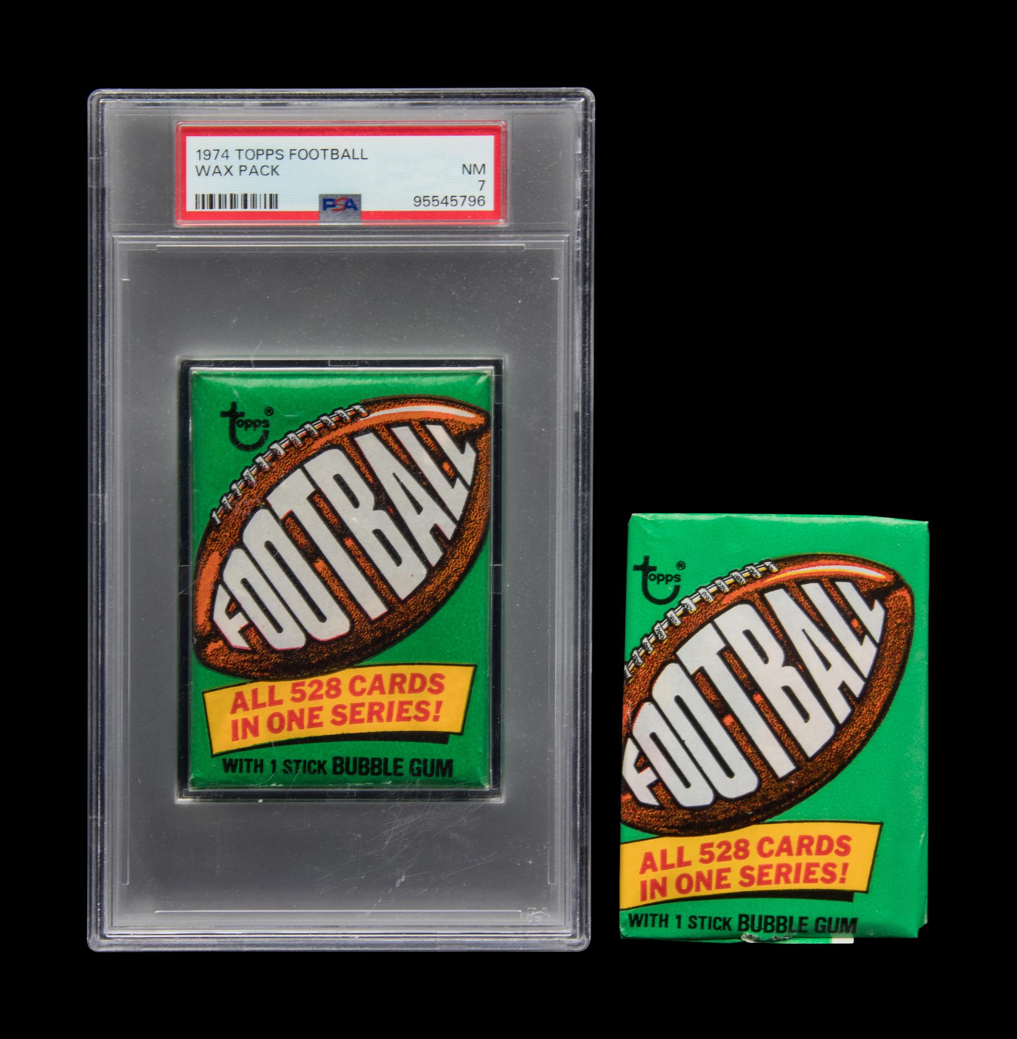 A Sealed Unopened Pack of 1974 Topps Football Cards (PSA 7 NM) and an Ungraded 2 Card Fun Pack
