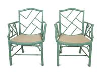 A Pair of Chinese Chippendale Style Turquoise Painted Faux Bamboo Armchairs — 20TH CENTURY