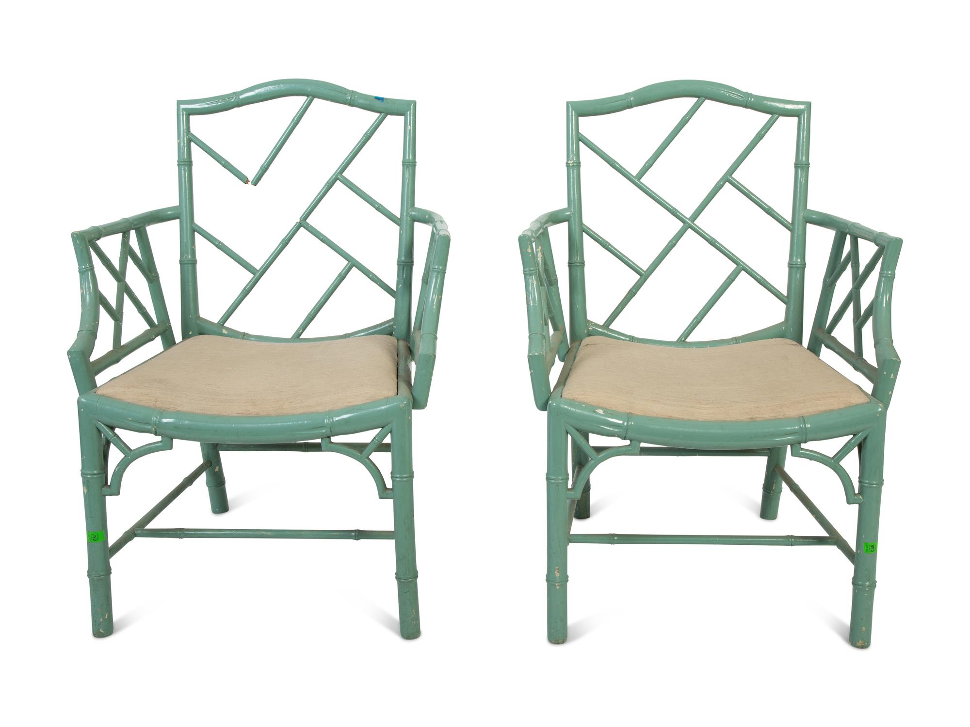 A Pair of Chinese Chippendale Style Turquoise Painted Faux Bamboo Armchairs — 20TH CENTURY