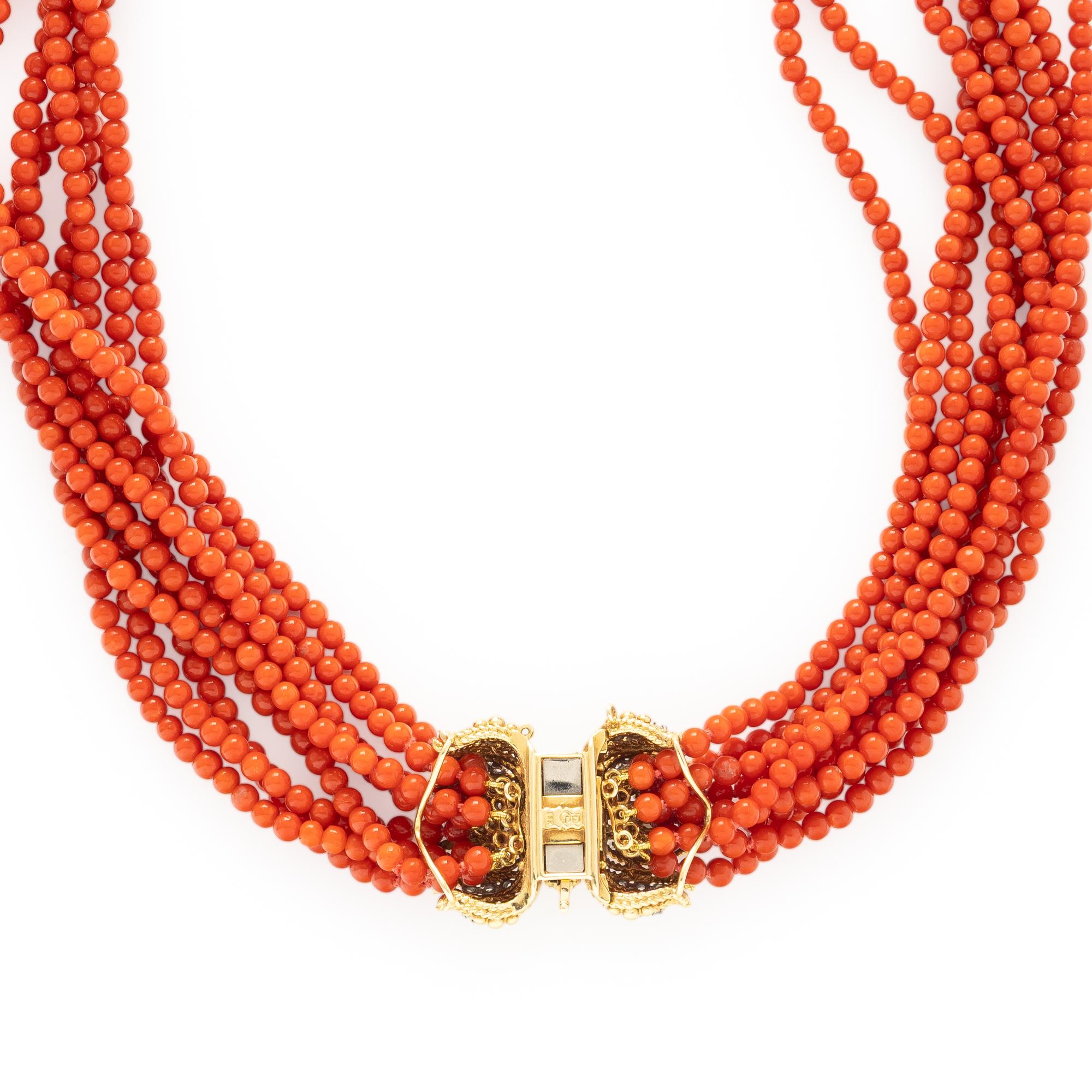 CORAL, DIAMOND, AND YELLOW GOLD TORSADE NECKLACE