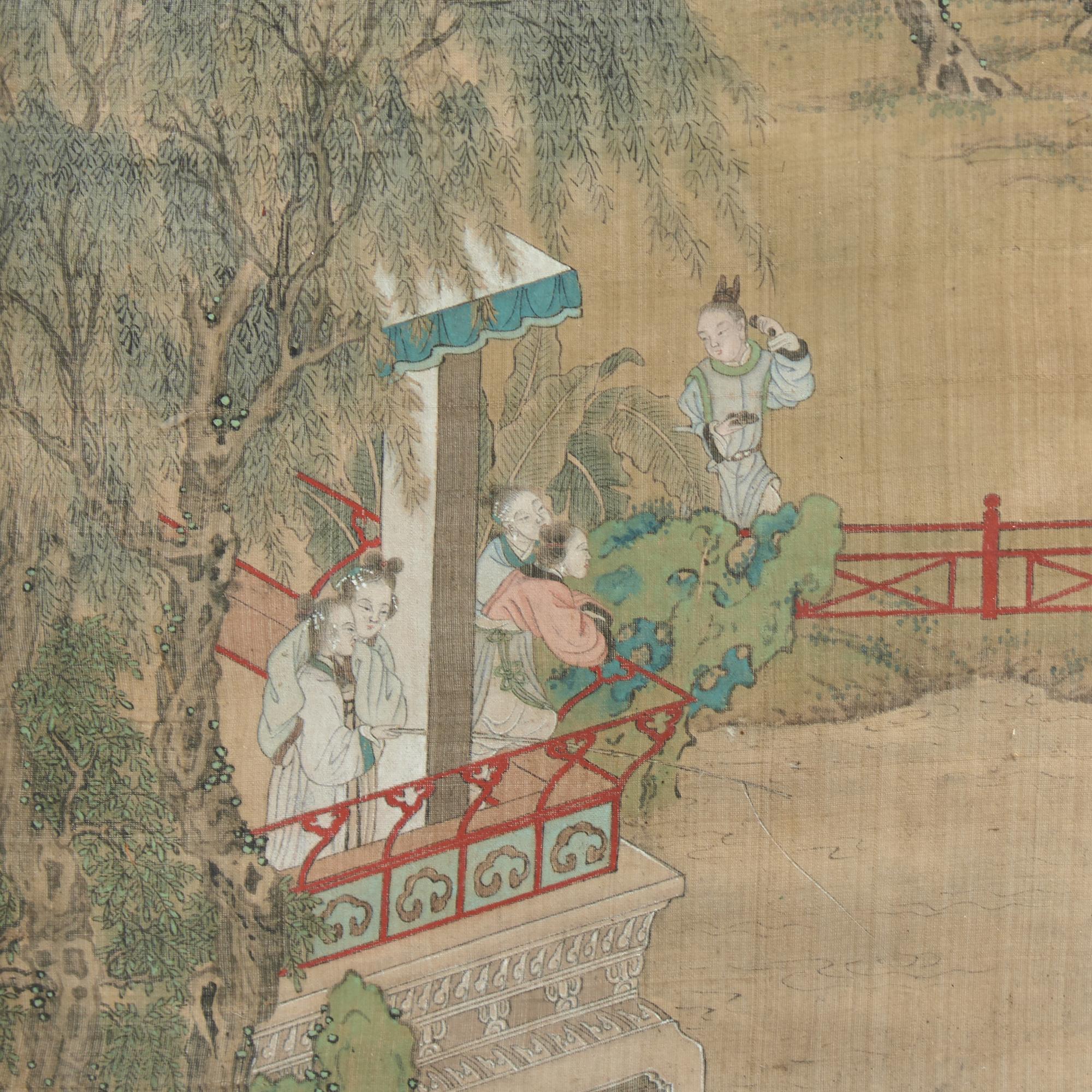 A Chinese Ink and Color on Silk Painting Inset Four-Panel Wood Floor Screen, Painting by Gu Luo (1763-1837) 顧洛（清嘉慶-道光，1763-1837）繪絹本人物圖四扇屏