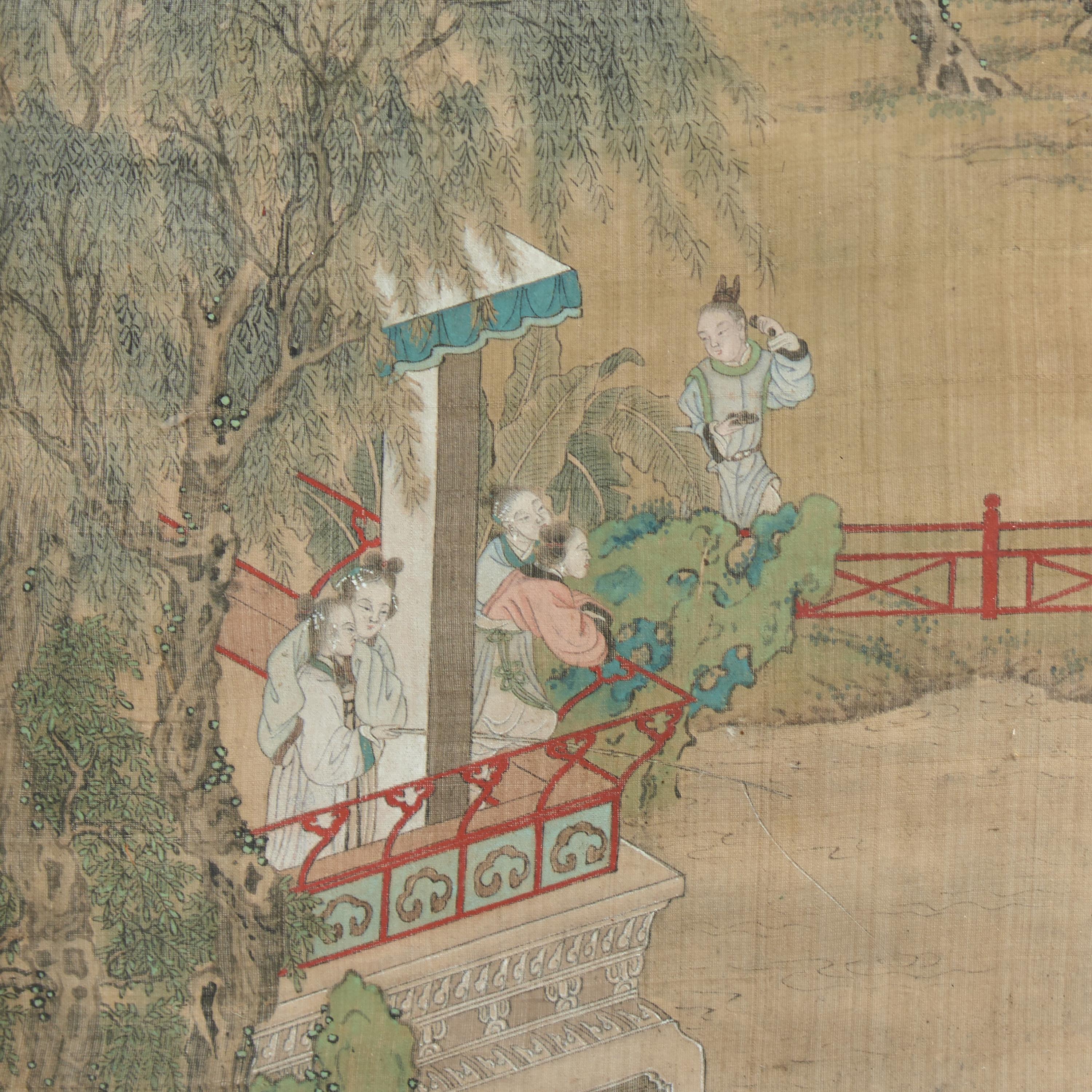 A Chinese Ink and Color on Silk Painting Inset Four-Panel Wood Floor Screen, Painting by Gu Luo (1763-1837) 顧洛（清嘉慶-道光，1763-1837）繪絹本人物圖四扇屏