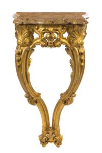 A Louis XV Style Giltwood Console Table Height 38 x width 20 x depth 13 1/2 inches. — FIRST HALF 19TH CENTURY